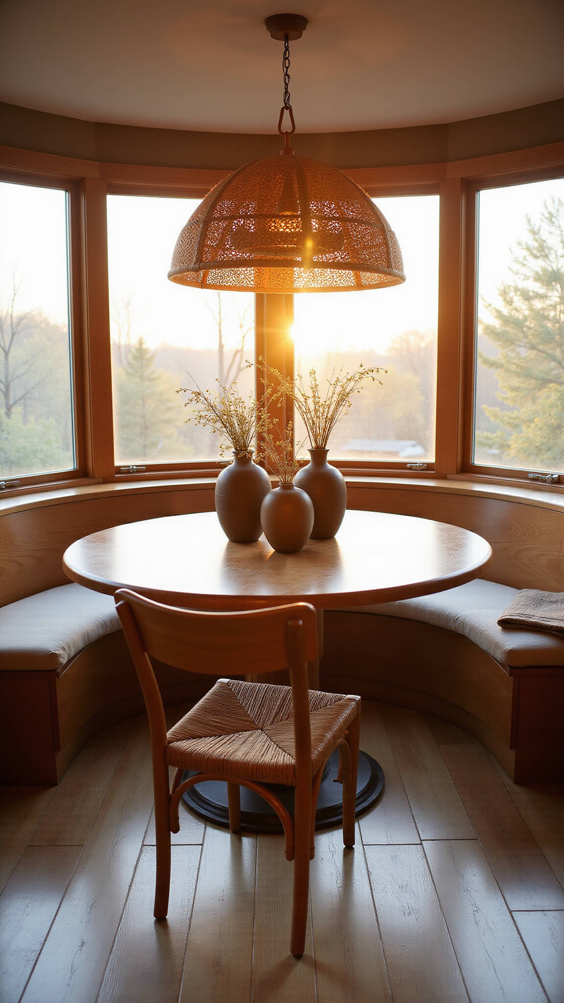 Cozy dining nook in golden hour light with round teak table, linen-cushioned bench, rattan chairs, and woven pendant lamp.