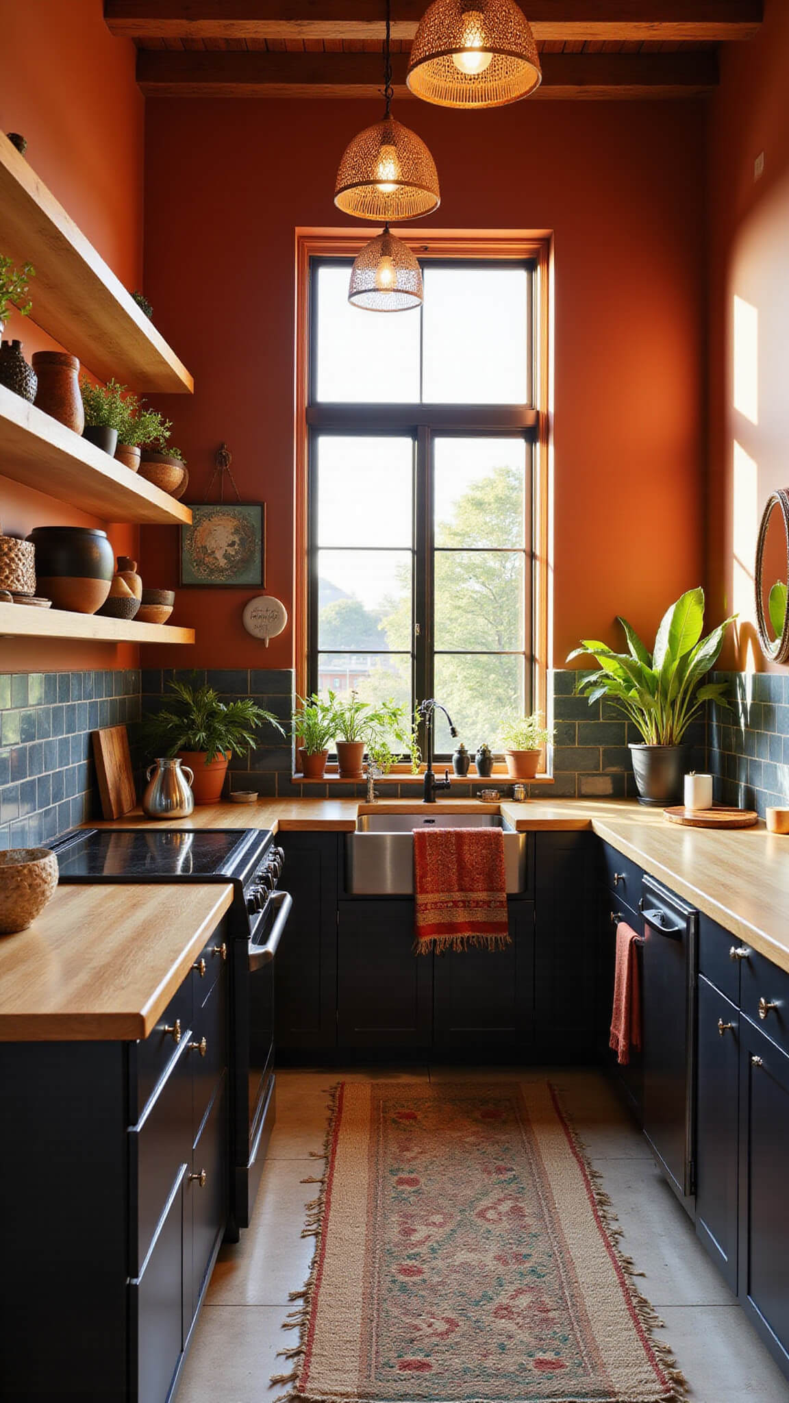 Sunlit kitchen with terracotta walls, geometric tiles, copper pendant lights, wooden shelving, and vintage textile accents.