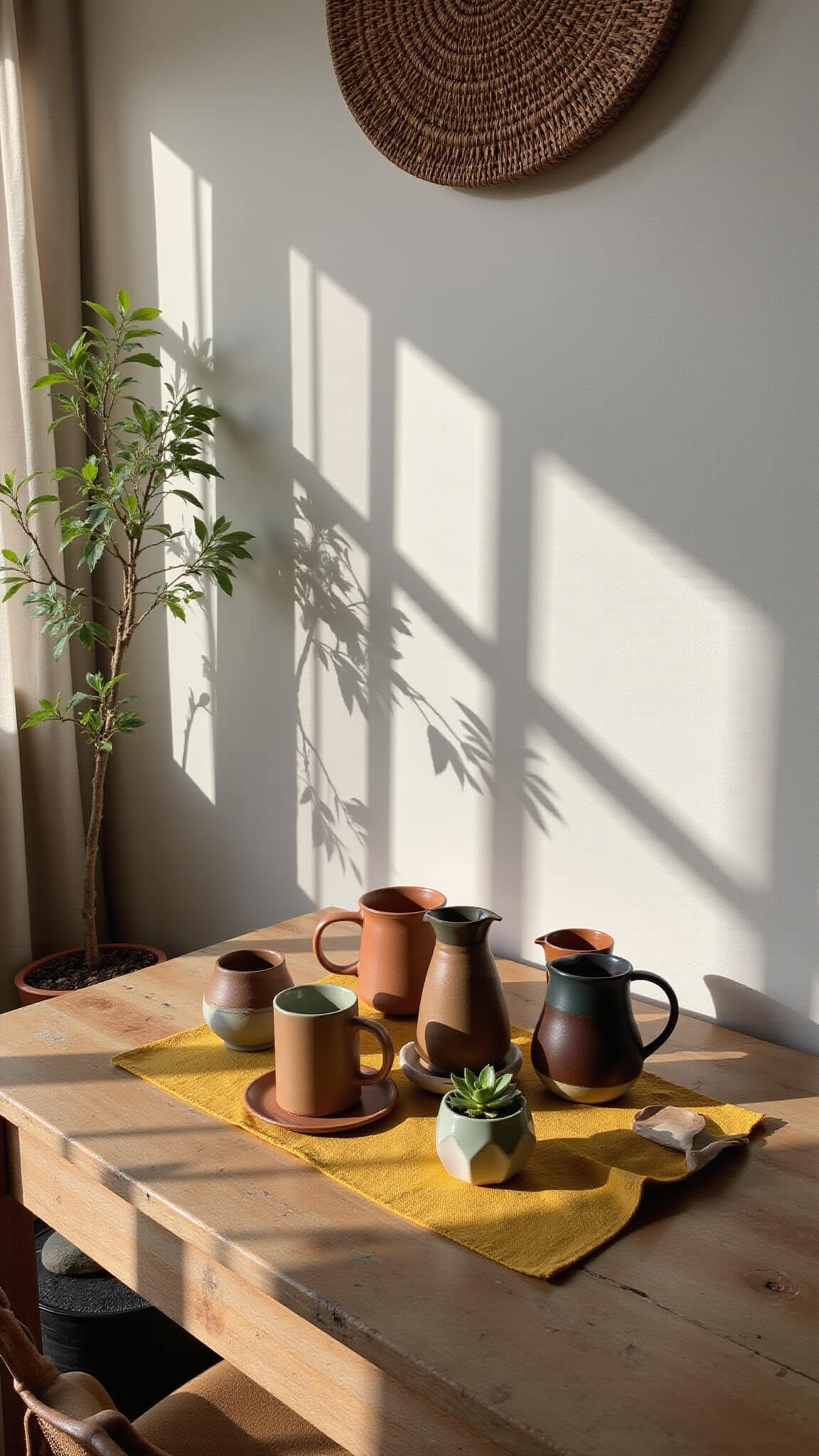 Eye-level view of a cozy kitchen coffee station with handmade ceramic mugs, a copper pour-over coffee maker, small succulents, and woven decor basking in soft morning light.