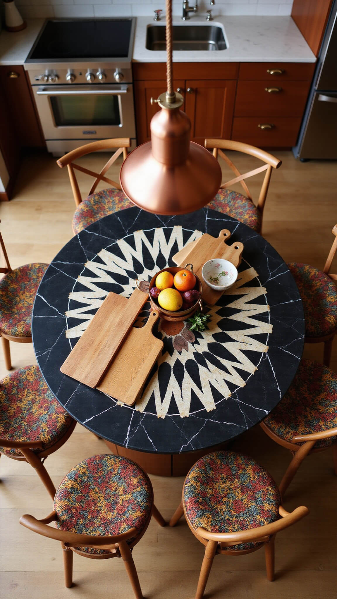 Overhead view of circular marble kitchen island with black and terracotta geometric pattern, surrounded by bar stools in mixed African prints, copper pendant lights above, and decorative wooden boards and ceramic bowls; modern appliances blurred in background.