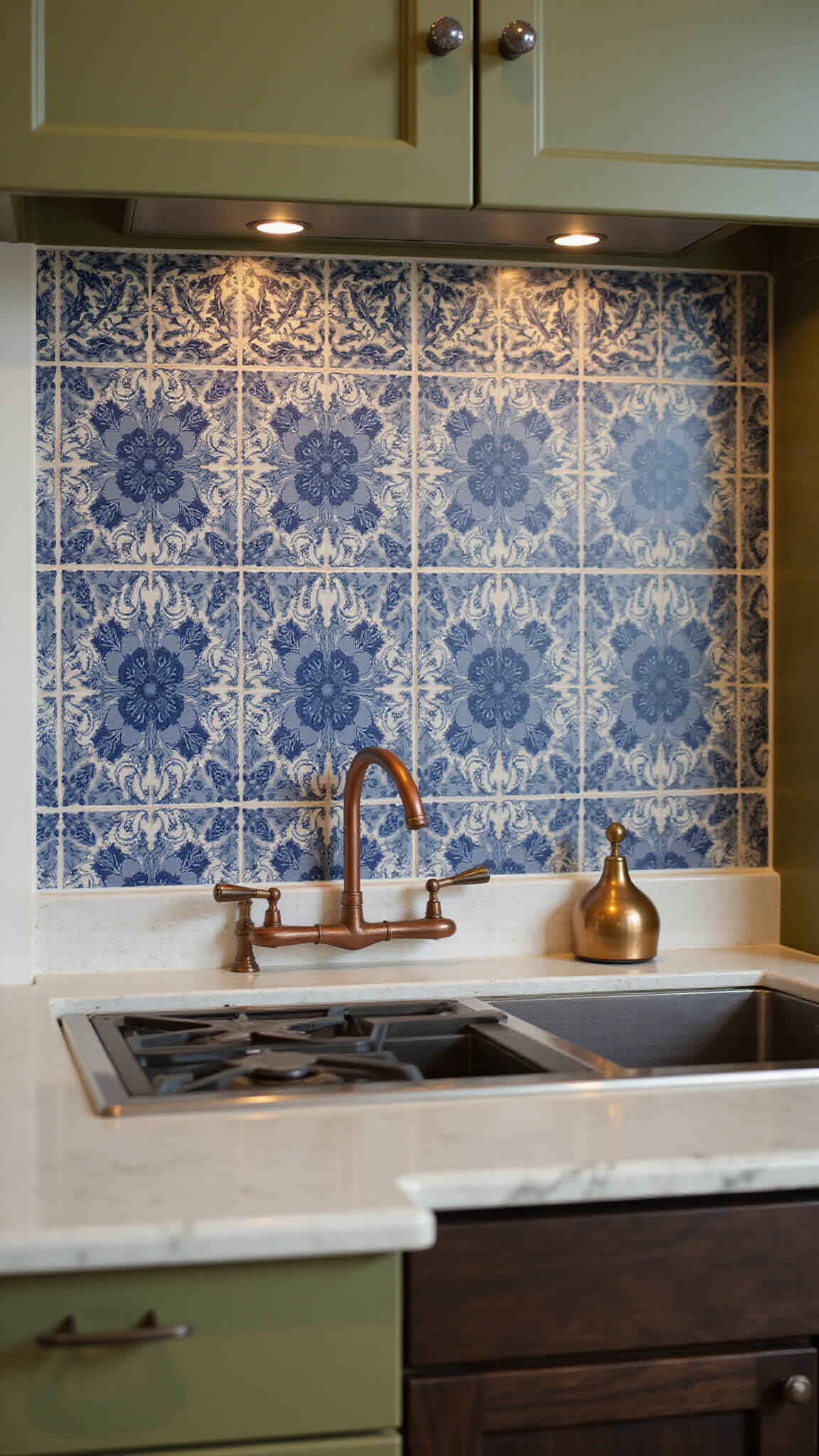 Macro shot of kitchen backsplash showing indigo geometric ceramic tiles blending into hand-painted mud cloth-inspired designs, framed by copper fixtures and olive green cabinets with dramatic under-cabinet lighting.