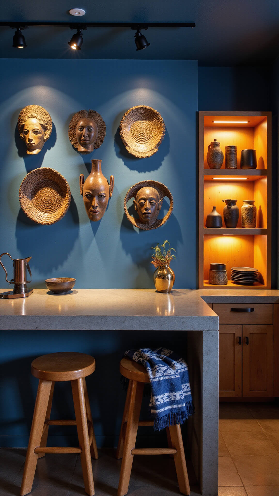 Evening kitchen scene at blue hour with vintage African masks, woven platters, indigo textiles, and warm lighting highlighting artisanal decor.