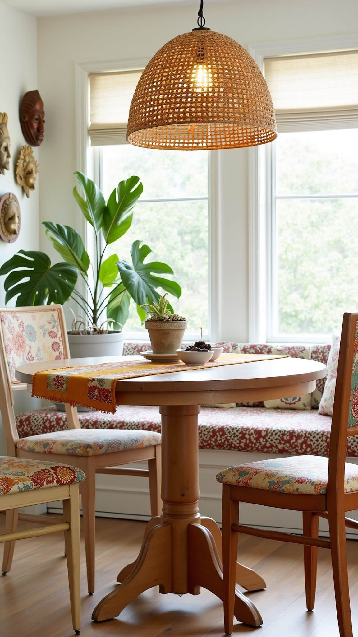 Cozy kitchen nook with round wooden table, batik-upholstered chairs, woven pendant light, fiddle leaf fig, and sunlit copper and wooden decor.