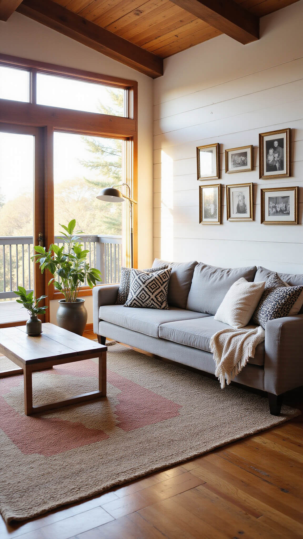 Cozy 14x16ft living room with exposed beams, gray linen sofa, vintage brass lamp, layered rugs, and warm golden hour light through west-facing windows.