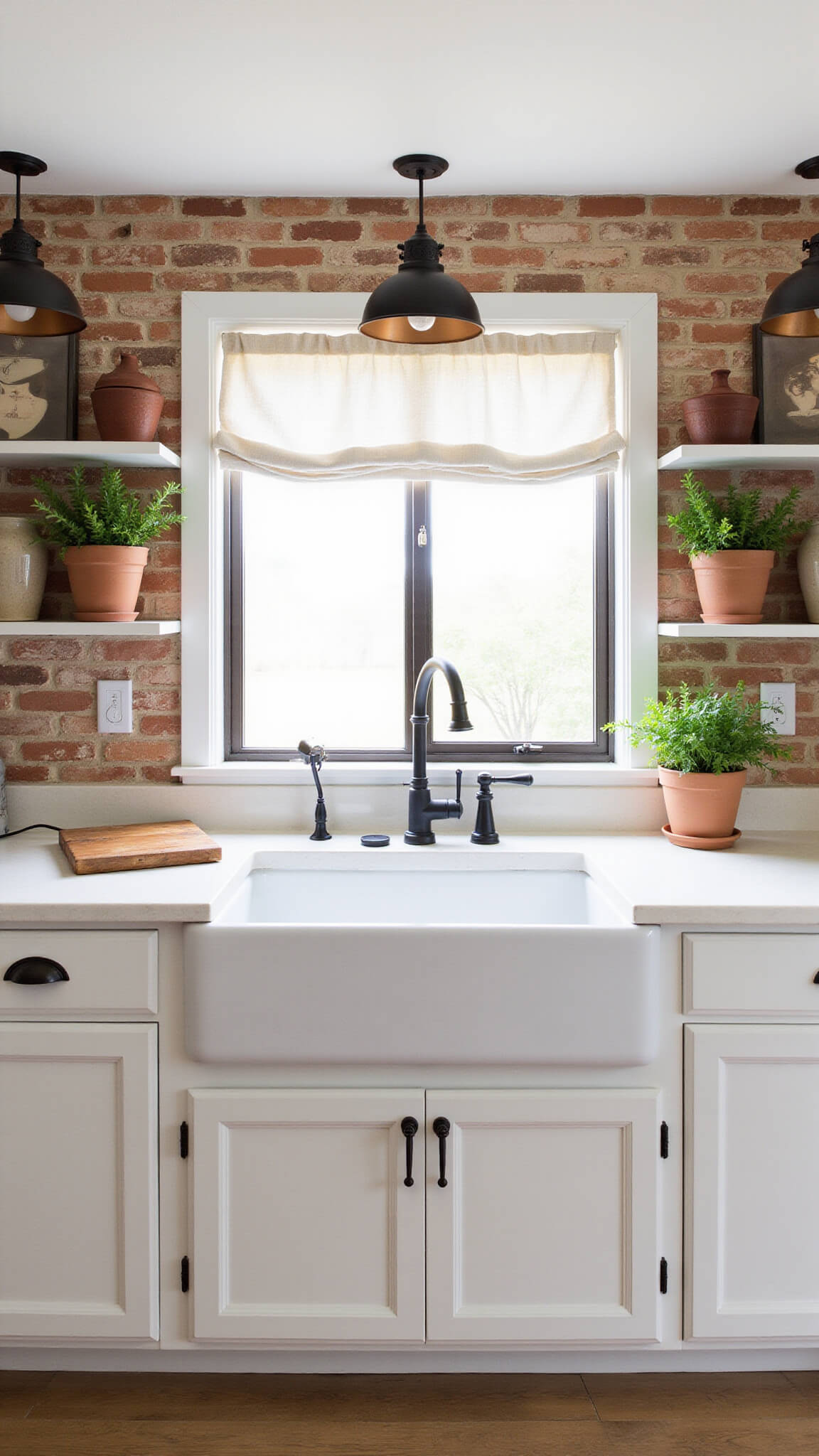 Sunlit farmhouse kitchen with exposed brick, vintage lighting, white quartz counters, and copper accents.