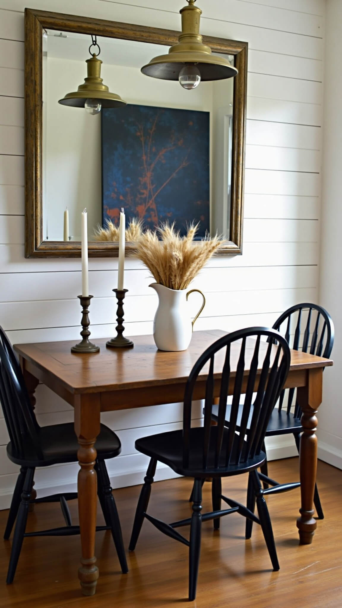 Moody blue hour dining nook with antique oak table, black Windsor chairs, vintage mirror, abstract art, and farmhouse accents.