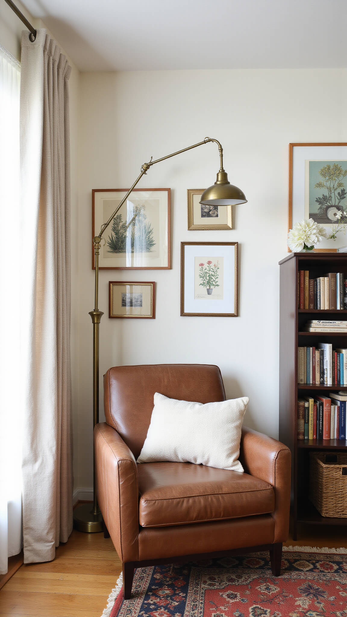 Cozy 8x10ft reading nook with leather armchair, vintage bookcase, brass floor lamp, and layered textures in warm afternoon light.