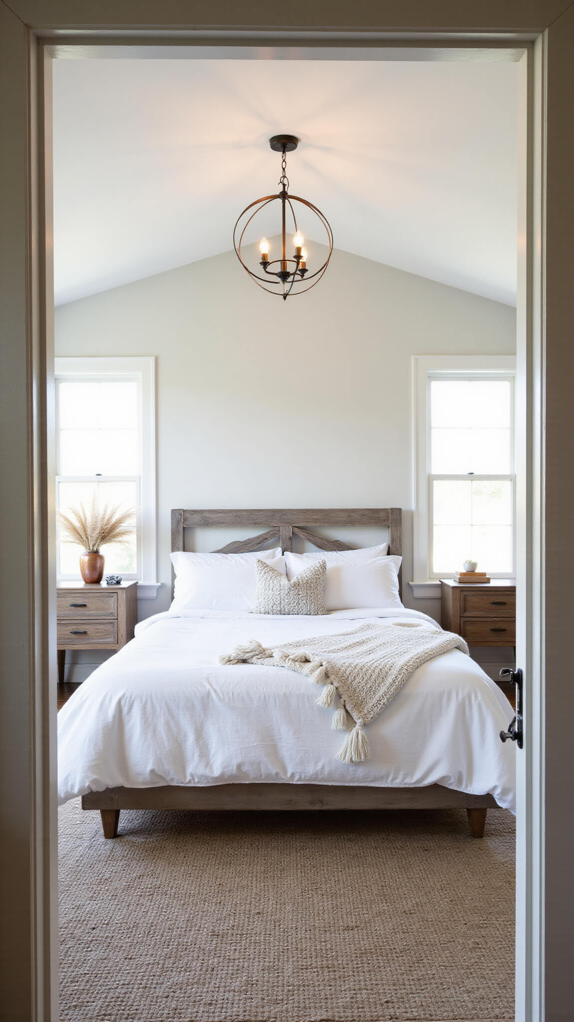 Primary bedroom with vaulted ceiling, modern platform bed, vintage chandelier, and morning light highlighting textured rug and cozy decor.