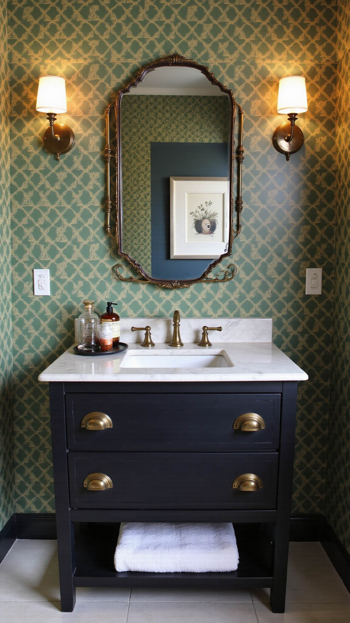 Modern 6x8ft powder room with matte black floating vanity, forest green and gold geometric wallpaper, antique brass mirror and sconces, marble countertop, and vintage-modern decorative accents.