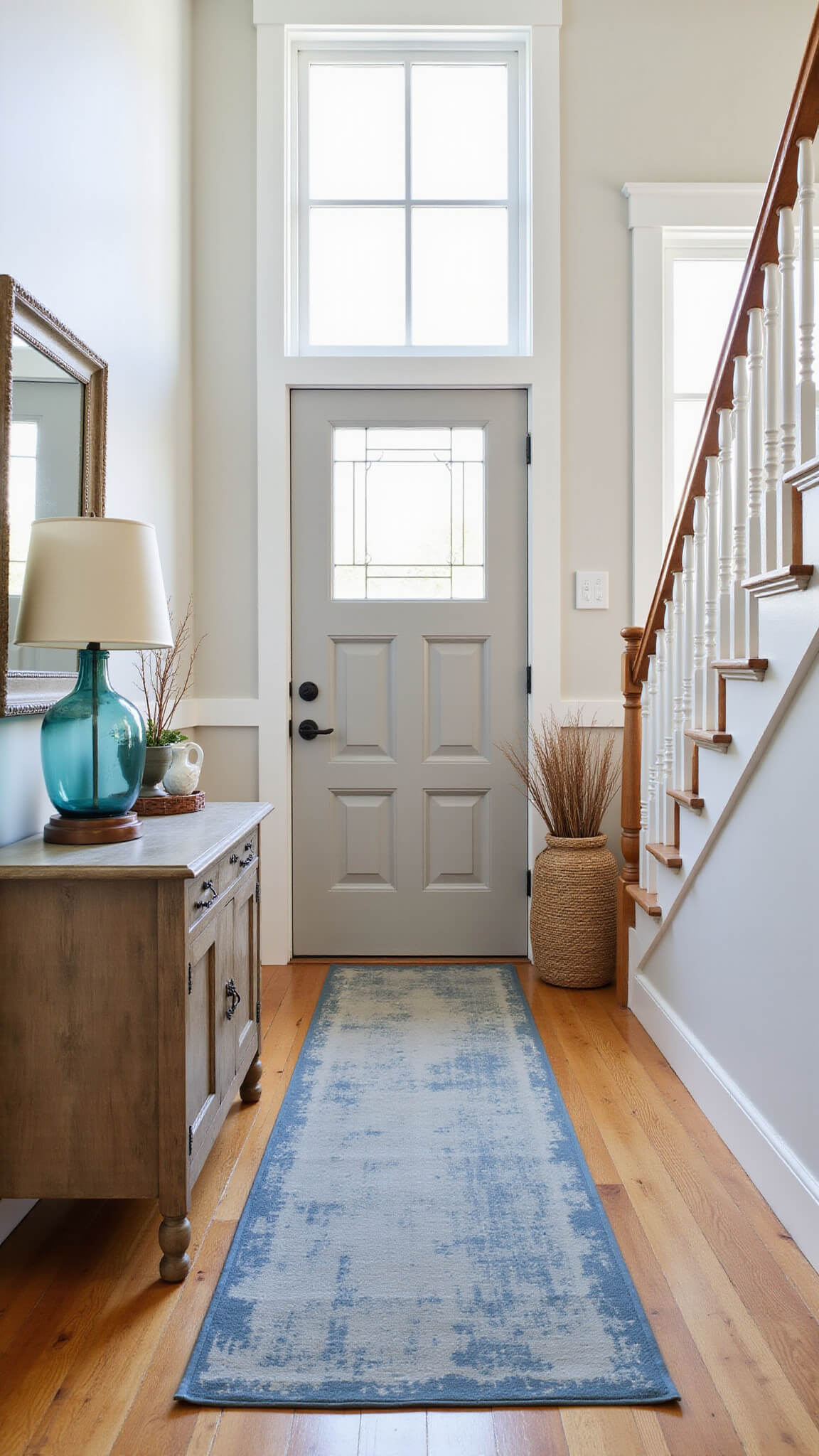 Midday-lit 10x12ft entryway with vintage oak console, glass lamp, antique mirror, abstract blue runner, and modern farmhouse staircase.