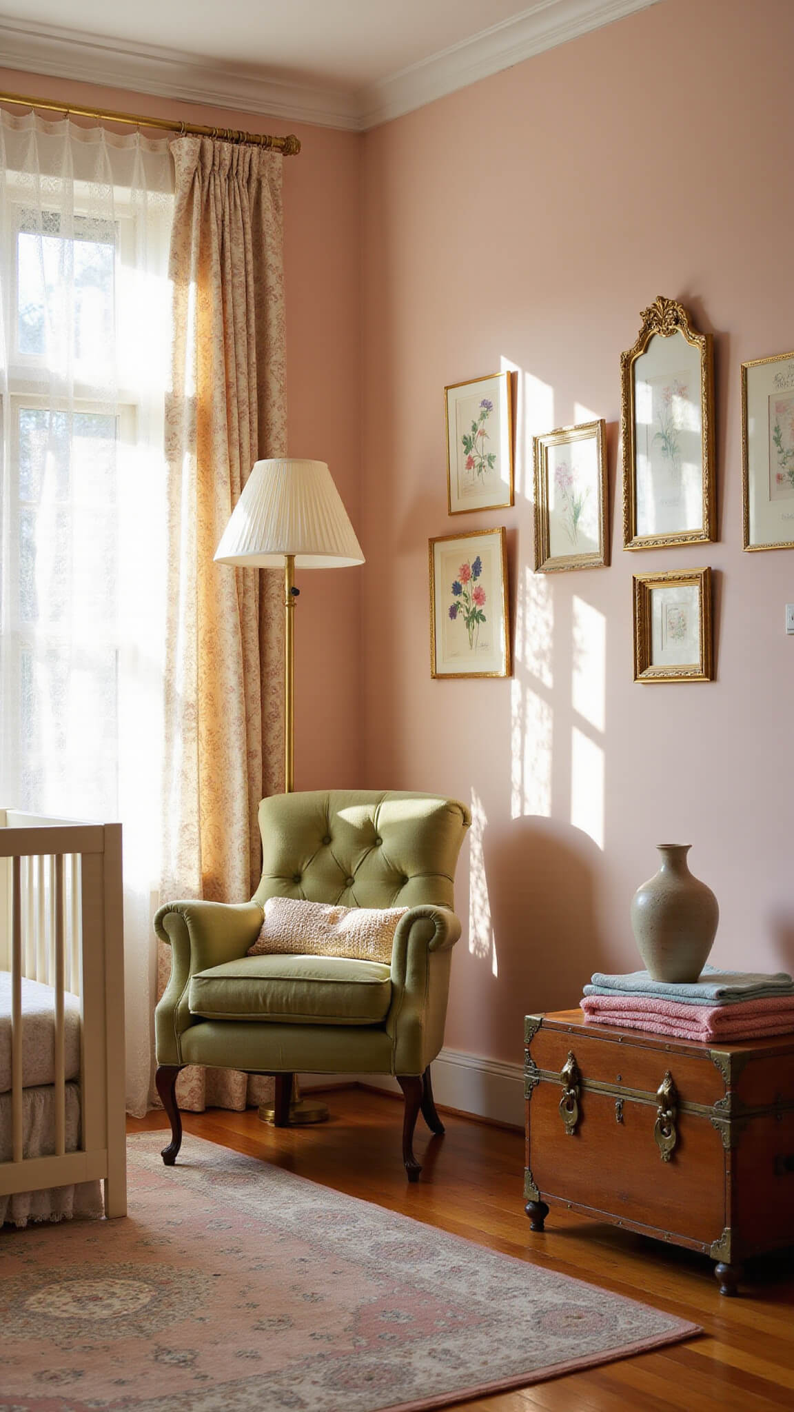 Sunlit nursery with blush pink walls, cream crib, sage velvet rocking chair, vintage decor, and layered textures at golden hour.