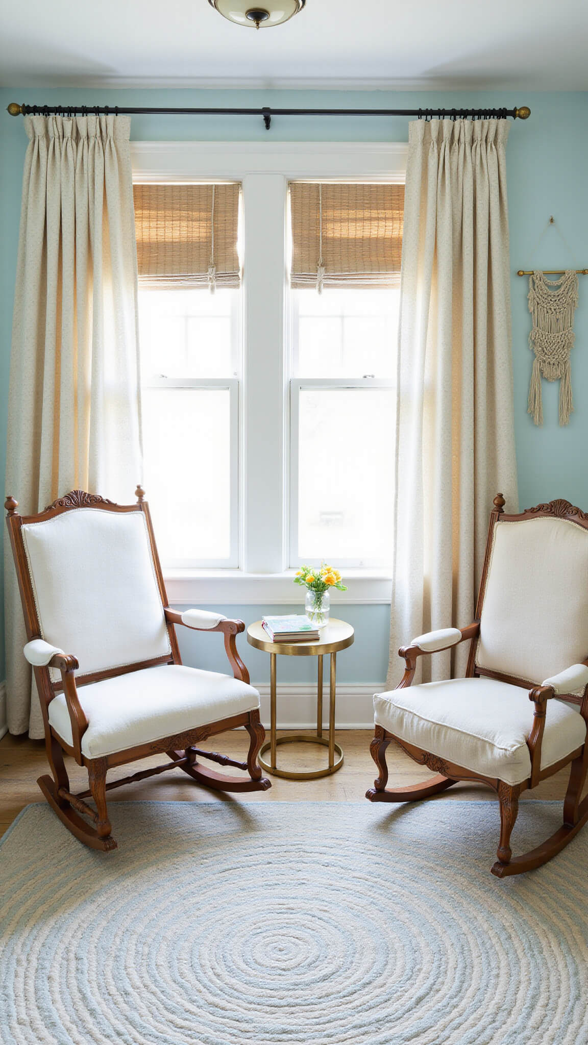 Early morning nursery with vintage decor, featuring pale blue walls, distressed ivory armoire, chambray-upholstered rocking chair, and soft natural light through dotted swiss curtains.