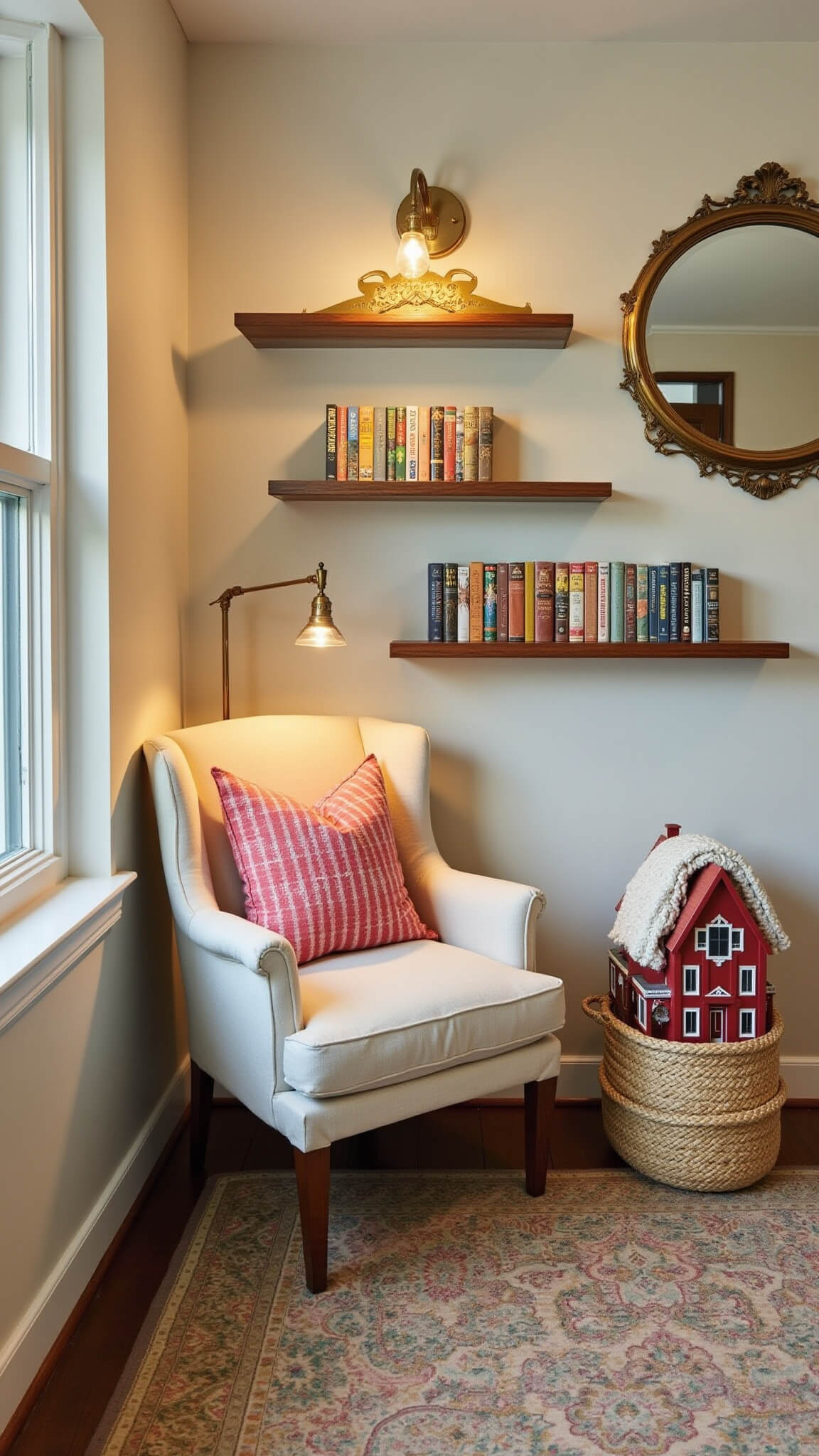 Cozy reading nook at dusk with wingback chair, vintage sconce, floating bookshelves, Persian runner, dollhouse, seagrass basket, and antique mirror.