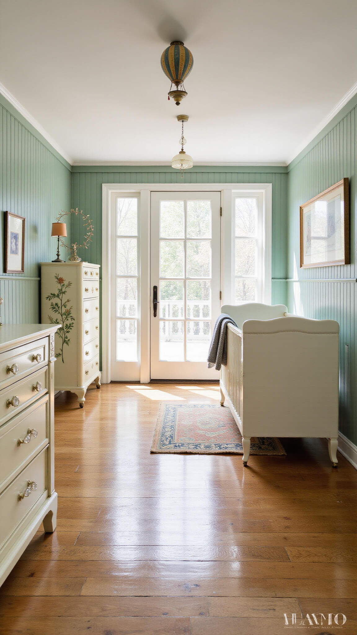 Wide-angle view of a sunlit nursery with herringbone floors, central ivory crib, sage green wainscoting, vintage hot air balloon mobile, and antique botanical dresser.