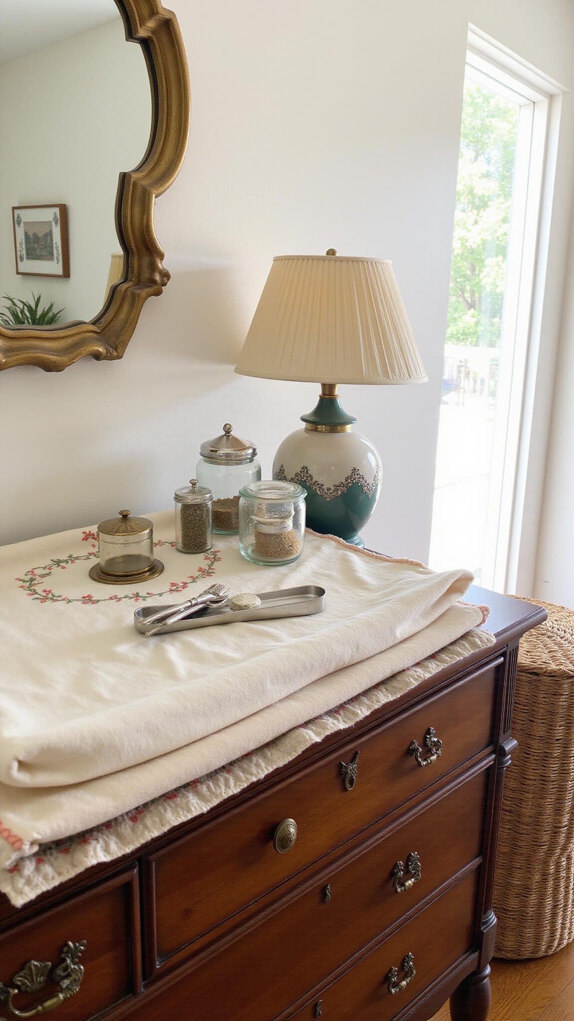 Close-up of vintage-style changing station with cherry wood dresser, scalloped cream linen changing pad, gold-framed mirror, apothecary jars, silver brush set on embroidered runner, ceramic lamp with pleated shade, and woven hamper with brass accents in afternoon light.