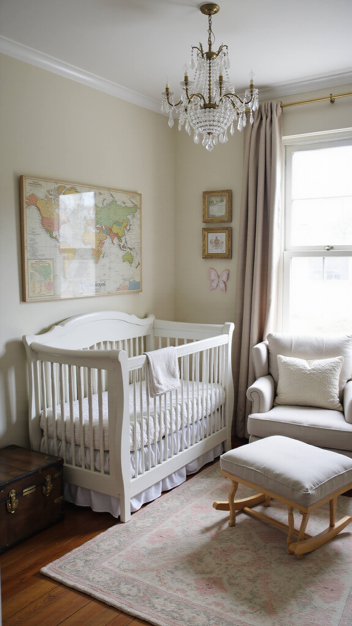 Elevated twilight view of vintage-inspired nursery with white Jenny Lind crib, crystal chandelier casting light patterns, antique rocker, wool rug, steamer trunk toy storage, and whimsical wall decor.