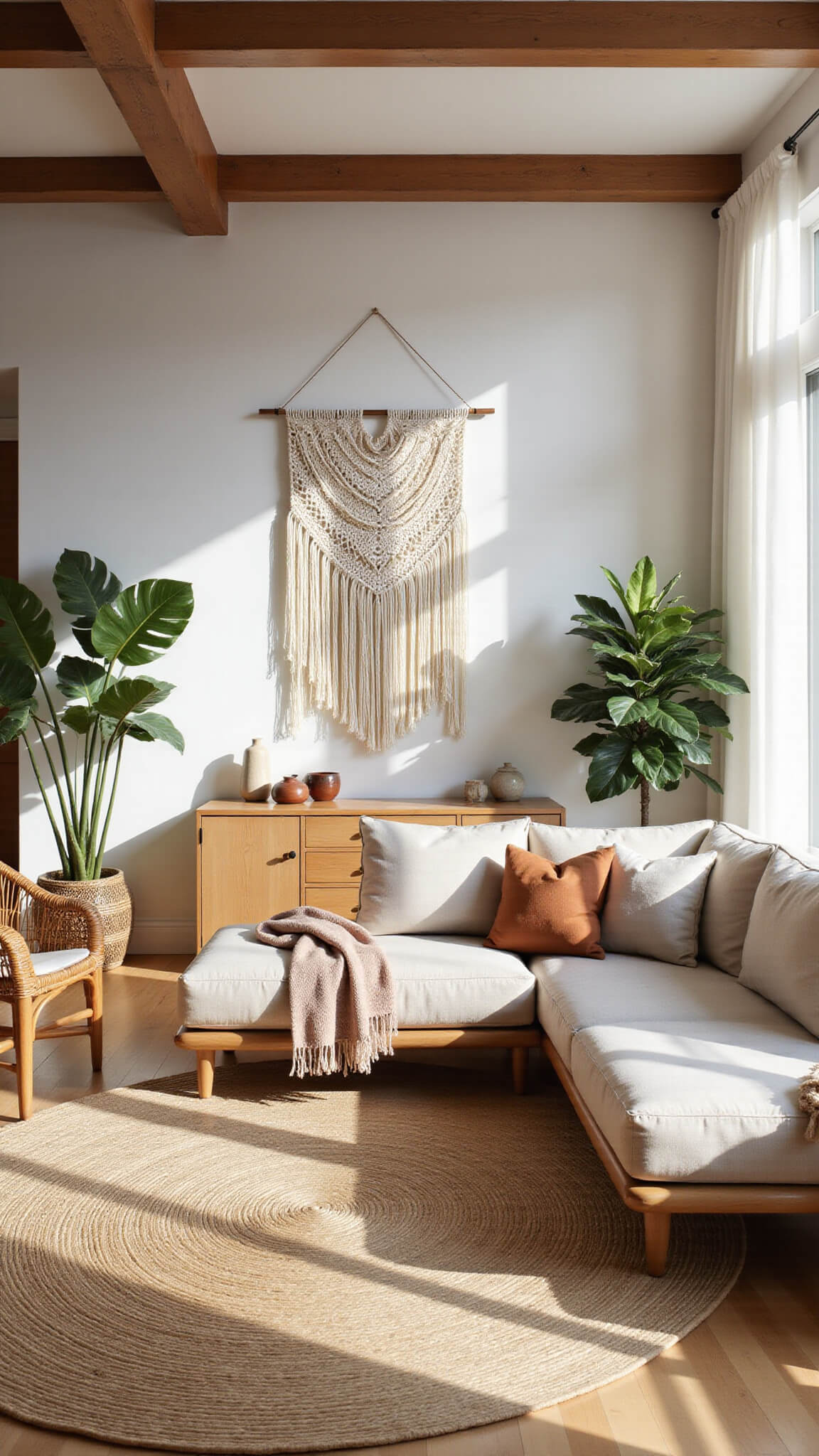 Sunlit minimalist living room with white walls, exposed wooden beams, oatmeal linen sofa, sculptural rattan chair, layered jute and wool rugs, indoor plants, and macramé wall hanging.