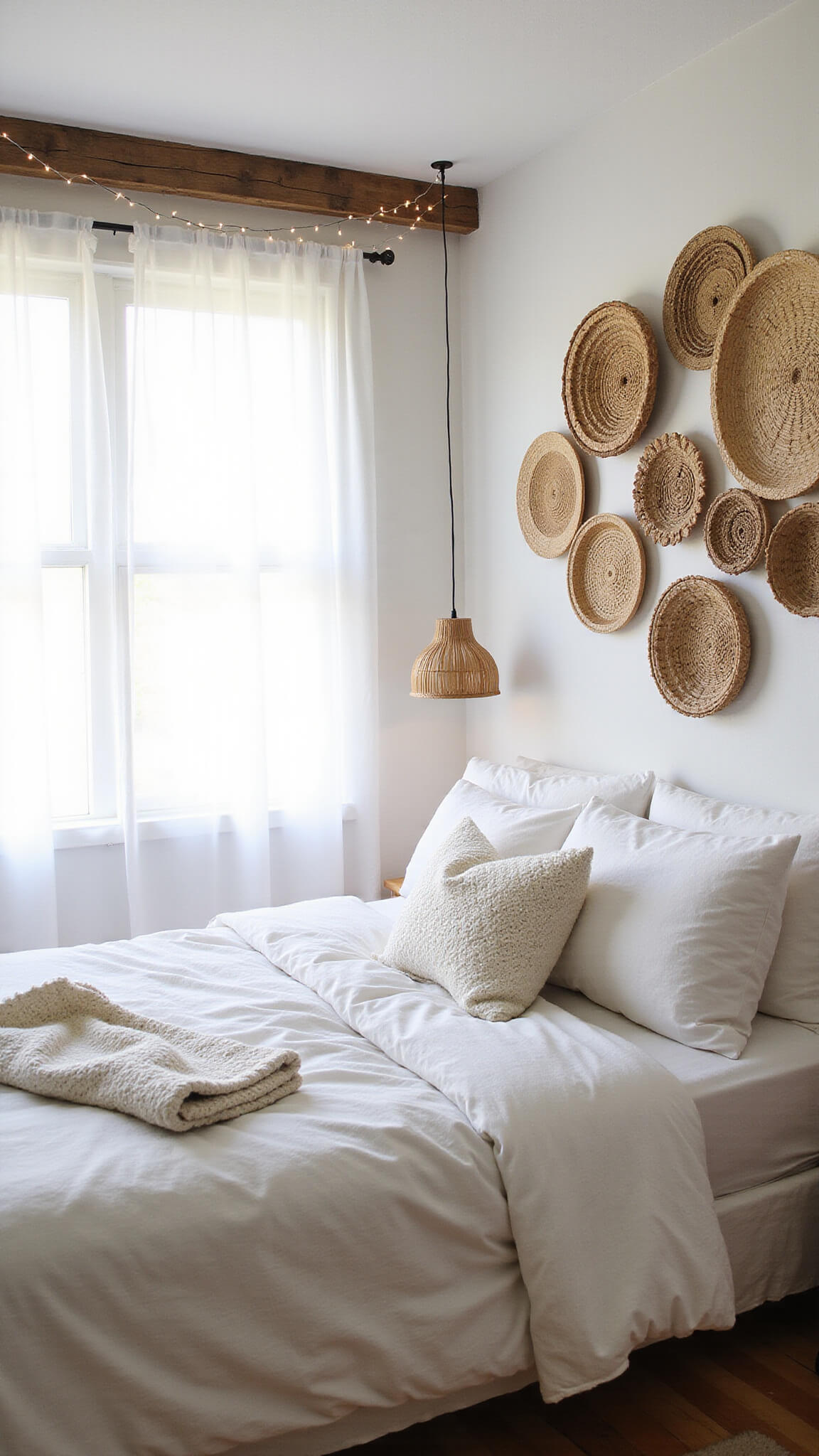 Cozy bedroom with white rumpled bedding, woven wall baskets, morning light through sheer curtains, rattan pendant lamp, and string lights overhead.