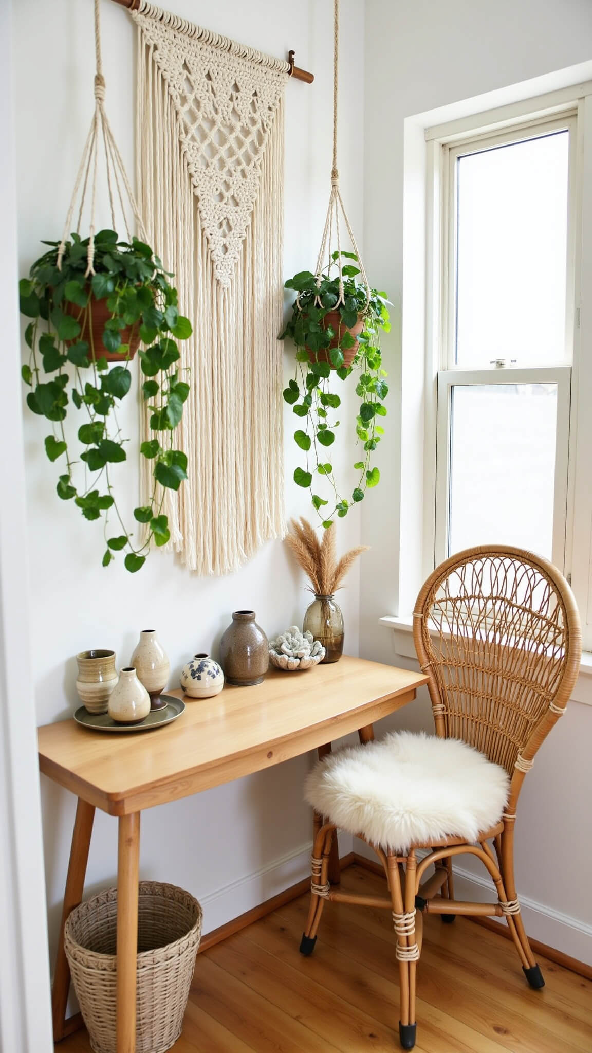 Boho-style home office nook with rattan peacock chair, macramé wall art, wood desk, plants, and natural decor in warm neutral tones.