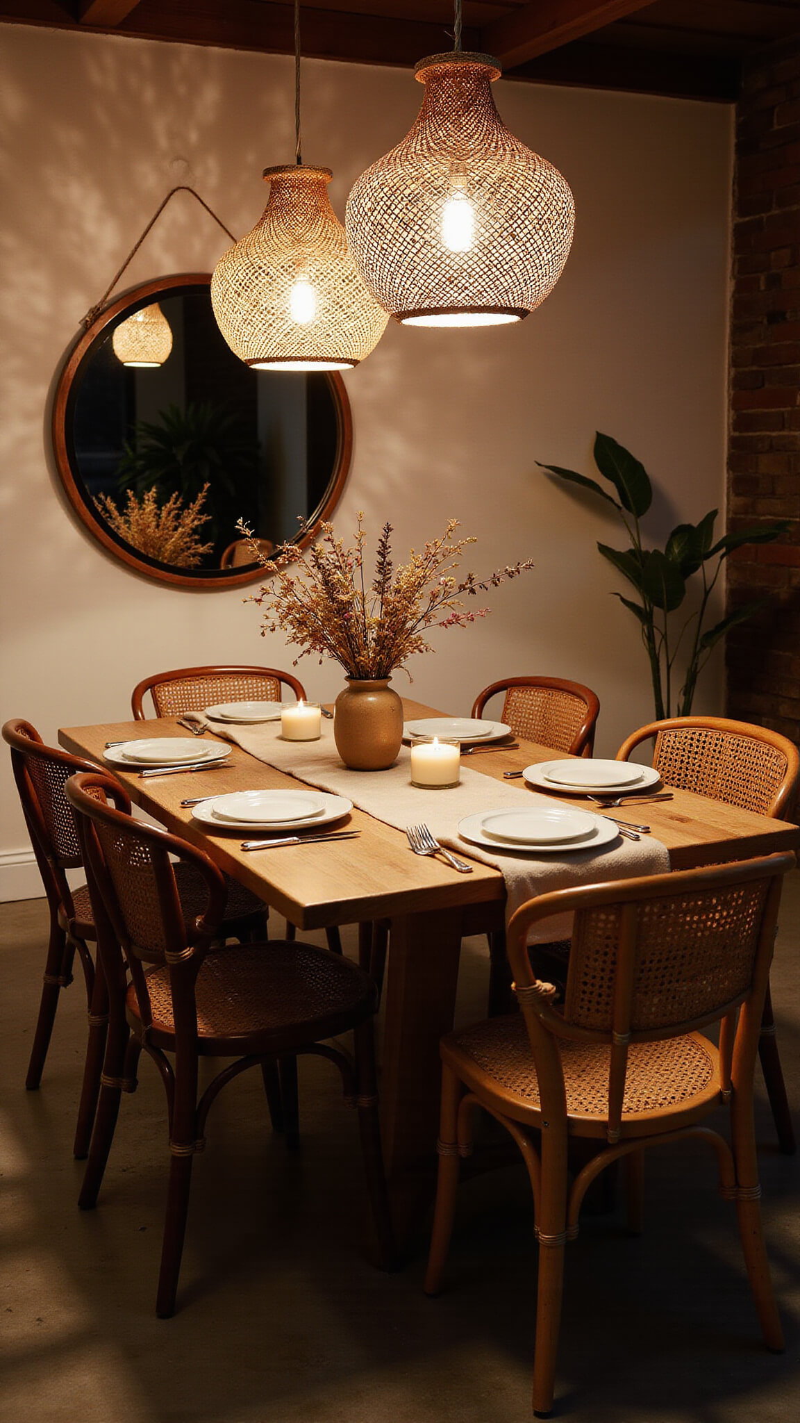 Cozy dining space with oak table, mix-matched chairs, pendant lights casting shadows, dried botanicals centerpiece, and warm lighting reflected in large round mirror.