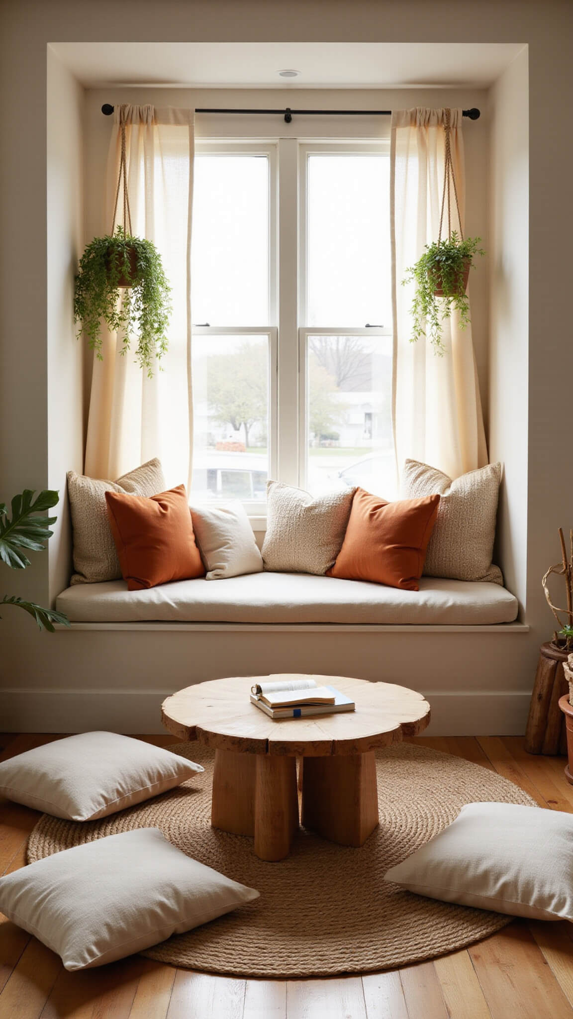 Cozy 8x8ft meditation nook at sunrise with a built-in window seat, layered cushions in warm tones, sheer curtains, floor cushions around a low wooden table on a jute rug, and hanging plants framing the window.
