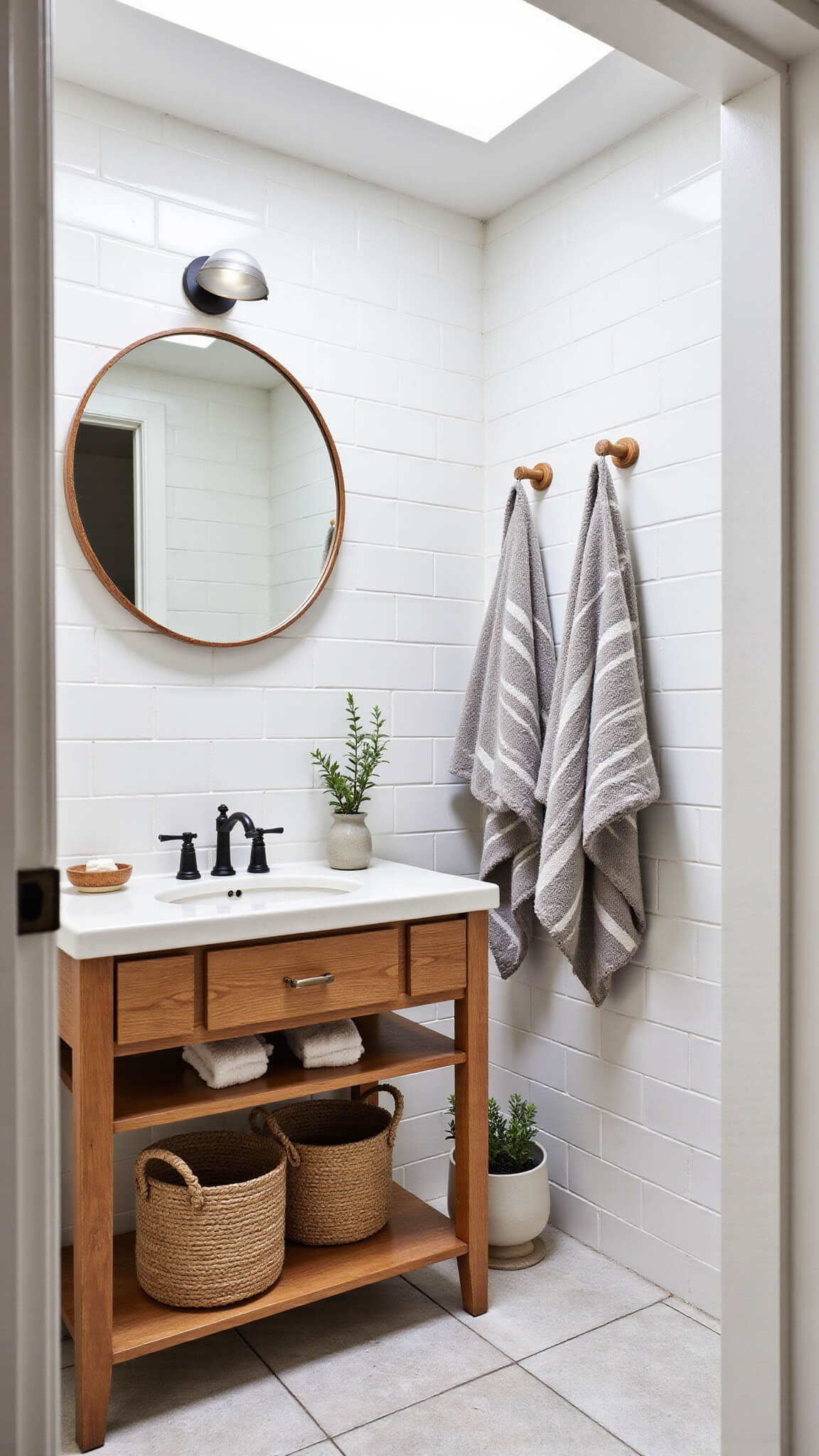 Spa-like bathroom with white subway tiles, natural wood vanity, woven baskets, and eucalyptus accents under skylight lighting.