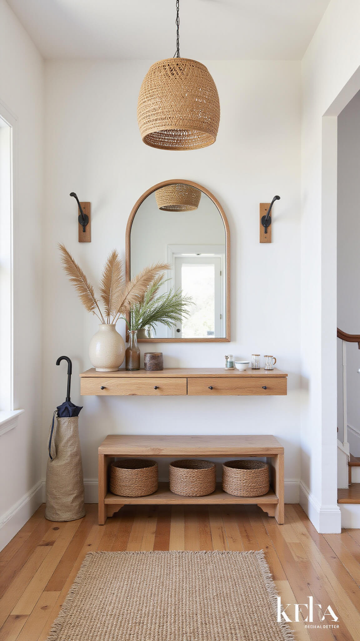 Bright 6x8ft entryway with arc mirror above floating wooden console, rattan pendant casting shadows, handwoven runner, bench with storage baskets, ceramic umbrella stand, dried palm fronds, and wooden coat hooks.