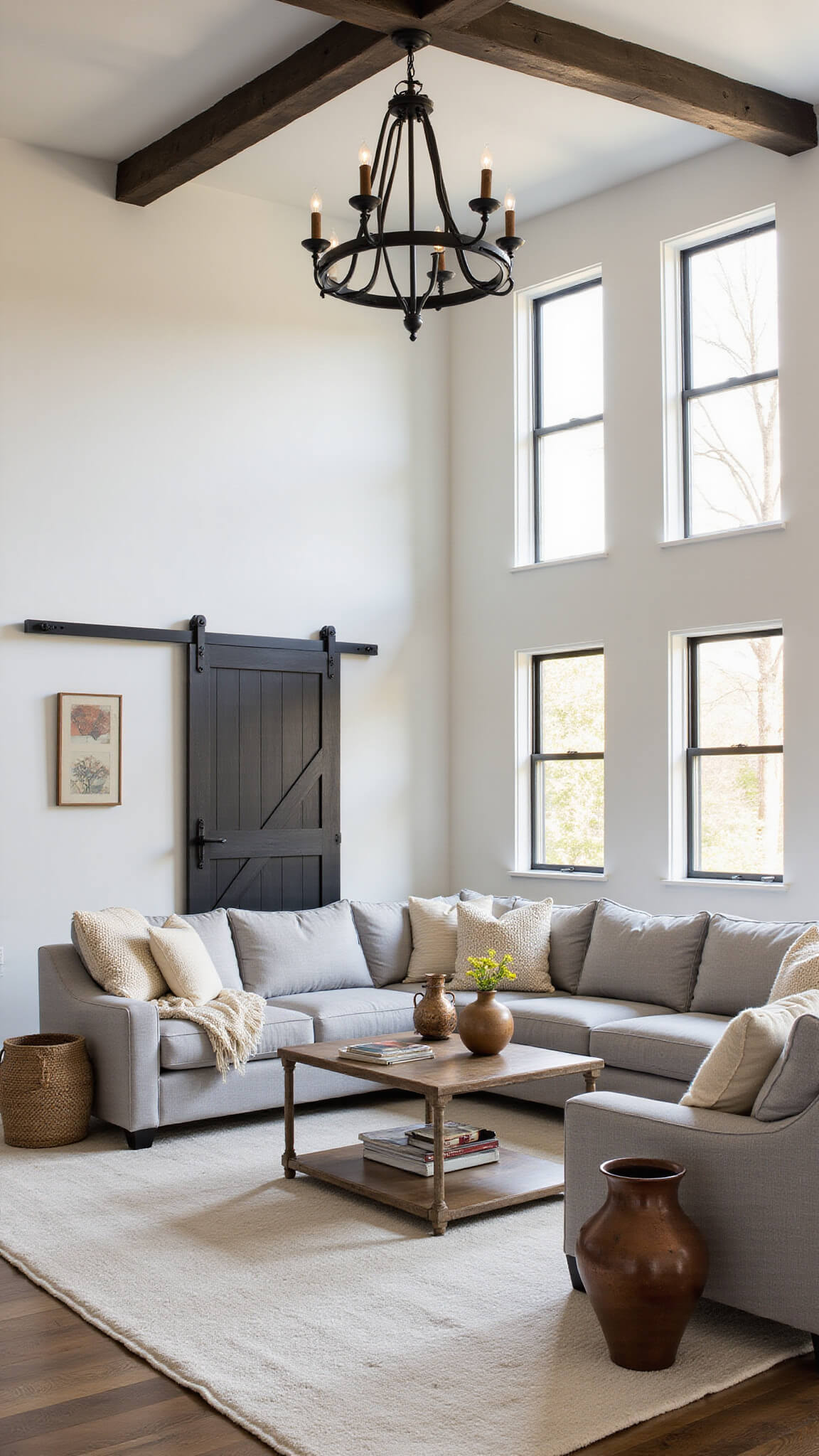 Modern barnhouse living room with high ceilings, exposed dark beams, gray sectional, oak floors, and sunlit black-framed windows.