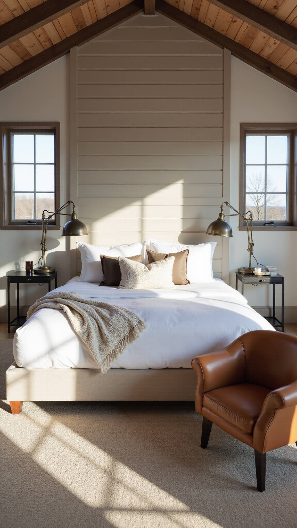 Master bedroom with cathedral ceiling, reclaimed wood beams, king bed with white linens, industrial pendant lights, shiplap accent wall, vintage leather armchair, and floor-to-ceiling windows in warm afternoon light.
