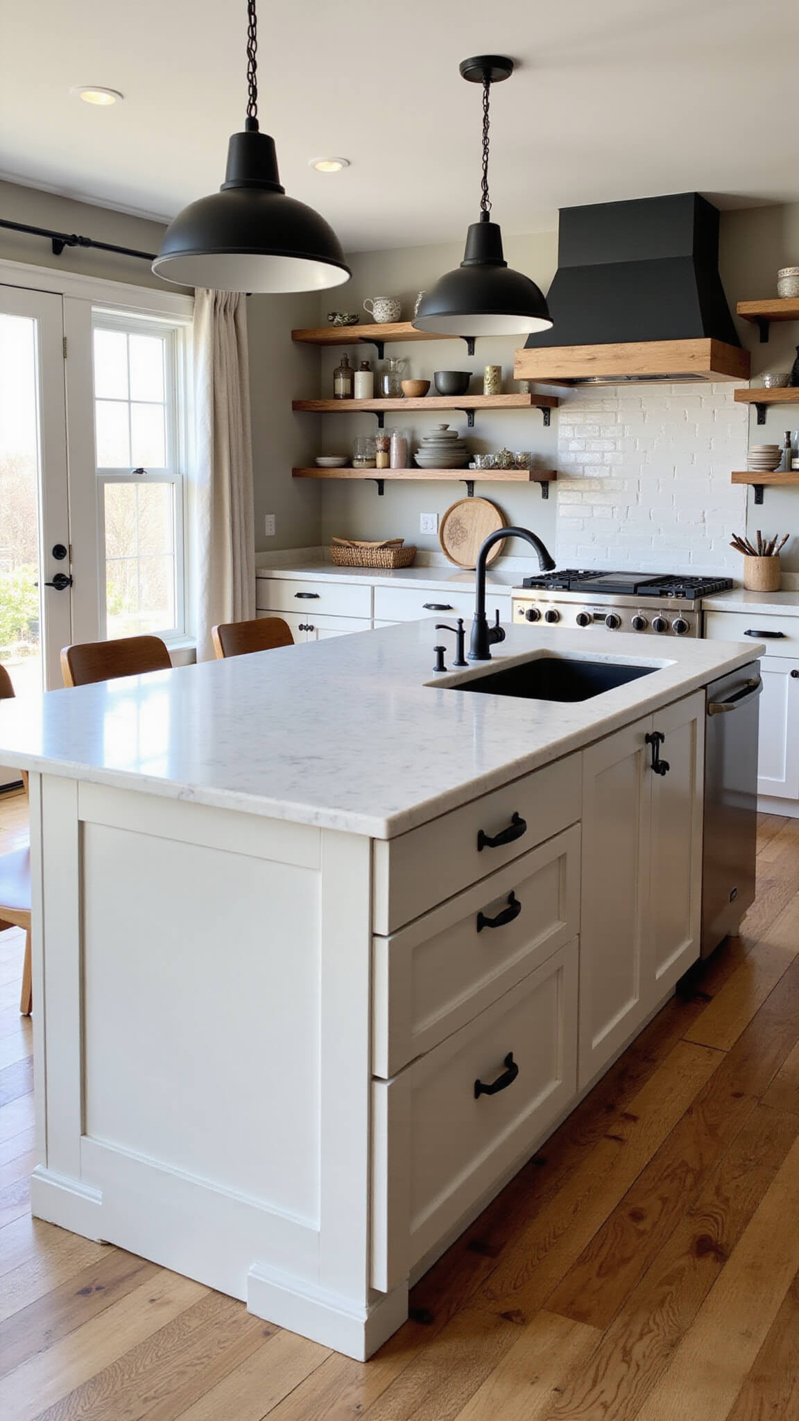 Modern farmhouse kitchen with white shaker cabinets, marble island, black pendant lights, reclaimed wood accents, and vintage decor in warm early morning light.