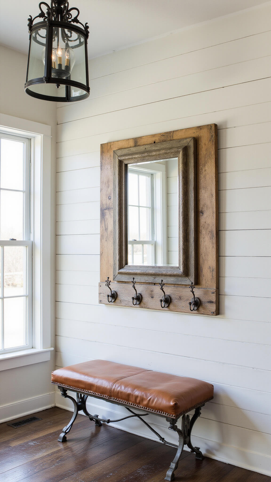Dramatic 18ft entryway with wrought-iron and glass chandelier, whitewashed shiplap walls, vintage bench under antique mirror, industrial coat hooks on barn wood, and mixed metal finishes in warm late-day light.