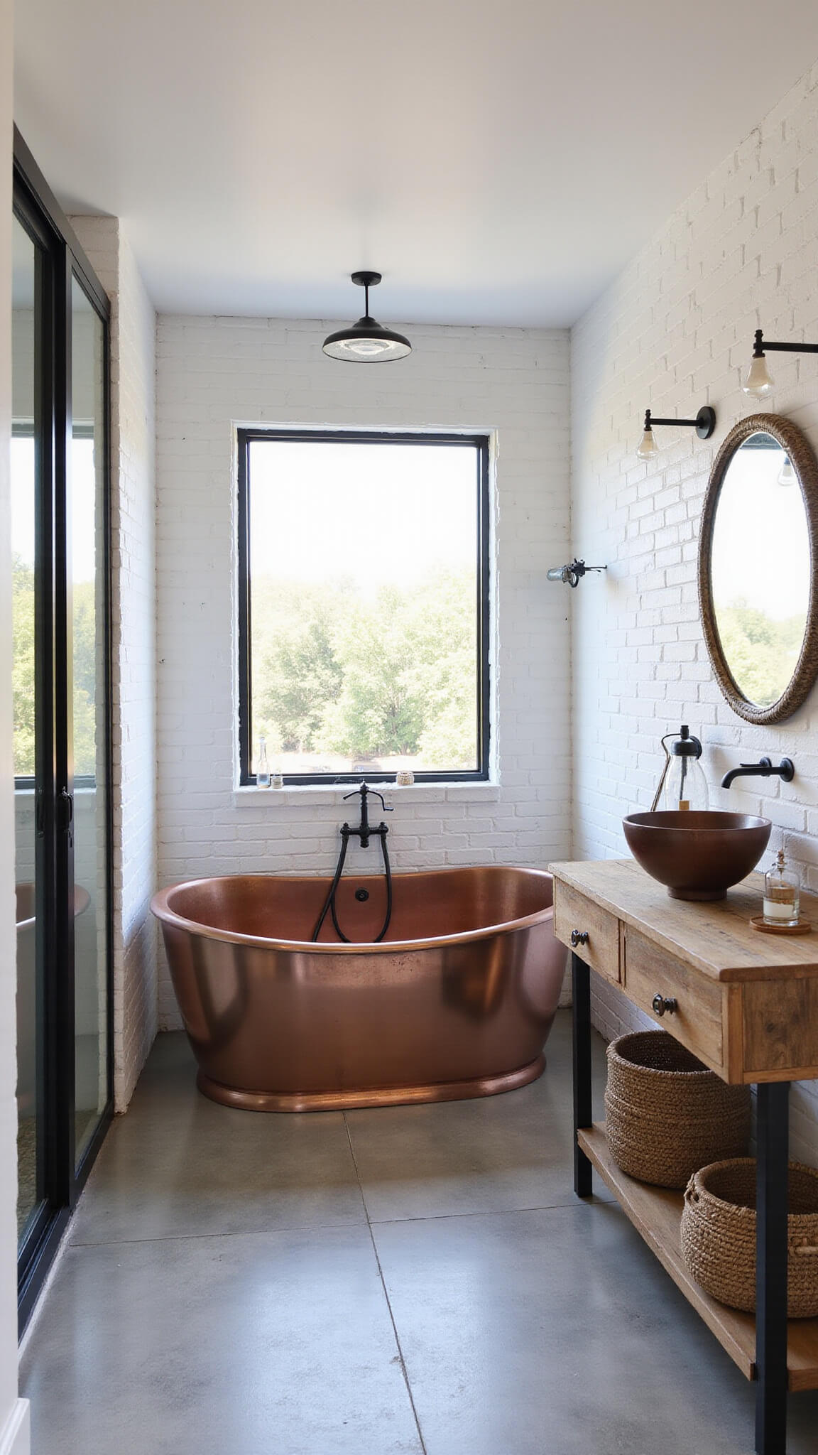 Modern barnhouse bathroom with copper soaking tub, subway tile walls, concrete-look floor, black-framed shower, and reclaimed wood vanity.