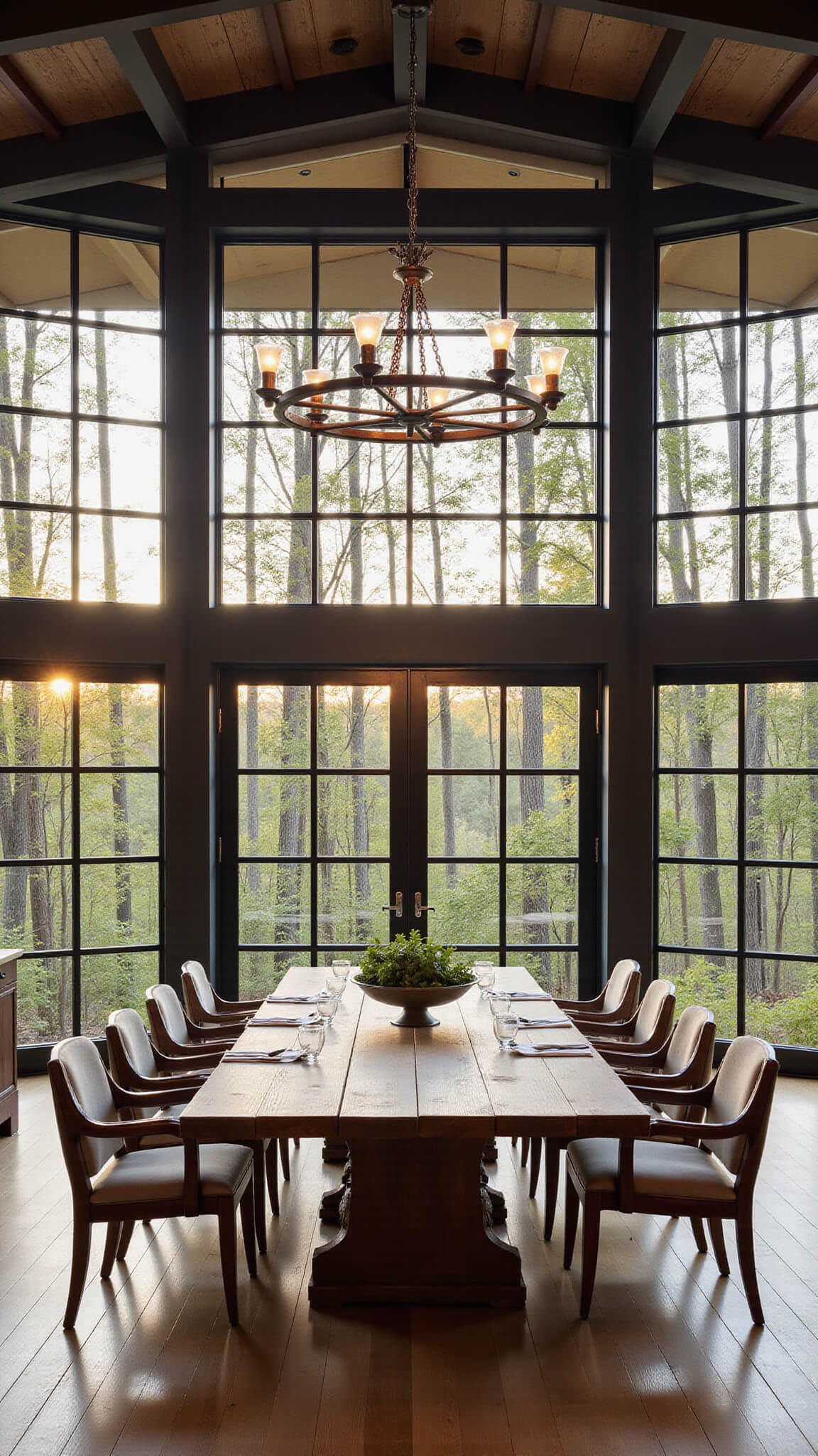 Double-height dining room with 20ft ceiling, large salvaged wood table for ten, black metal-and-glass windows showing forest view, modern wagon wheel chandelier, mixed chairs, golden hour lighting, and organic centerpiece.
