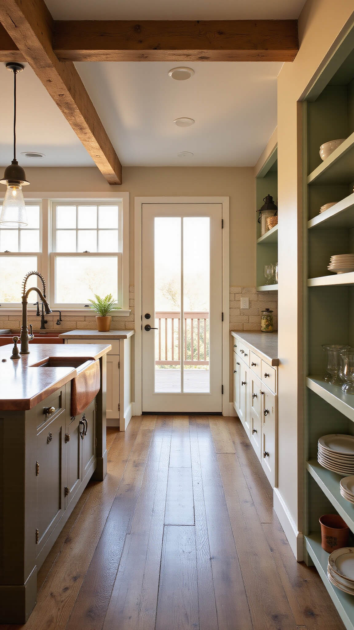 Farmhouse kitchen with reclaimed oak floors, weathered island, copper sink, and golden hour sunlight through large windows.