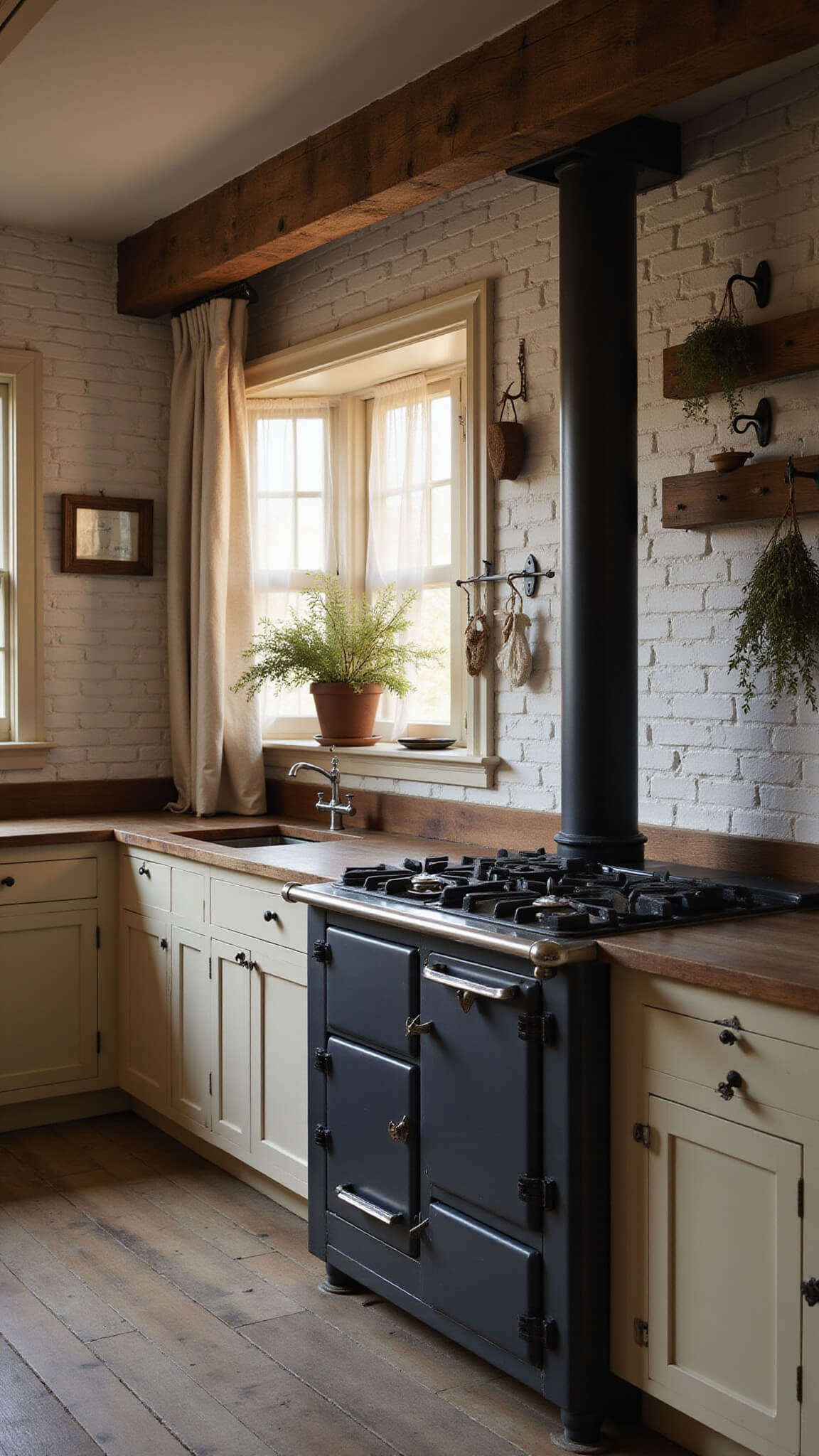 Rustic kitchen at dawn with vintage black range, cream floor-to-ceiling cabinets, dried herbs hanging from barn beam, and morning light casting dramatic shadows on white-washed brick walls.