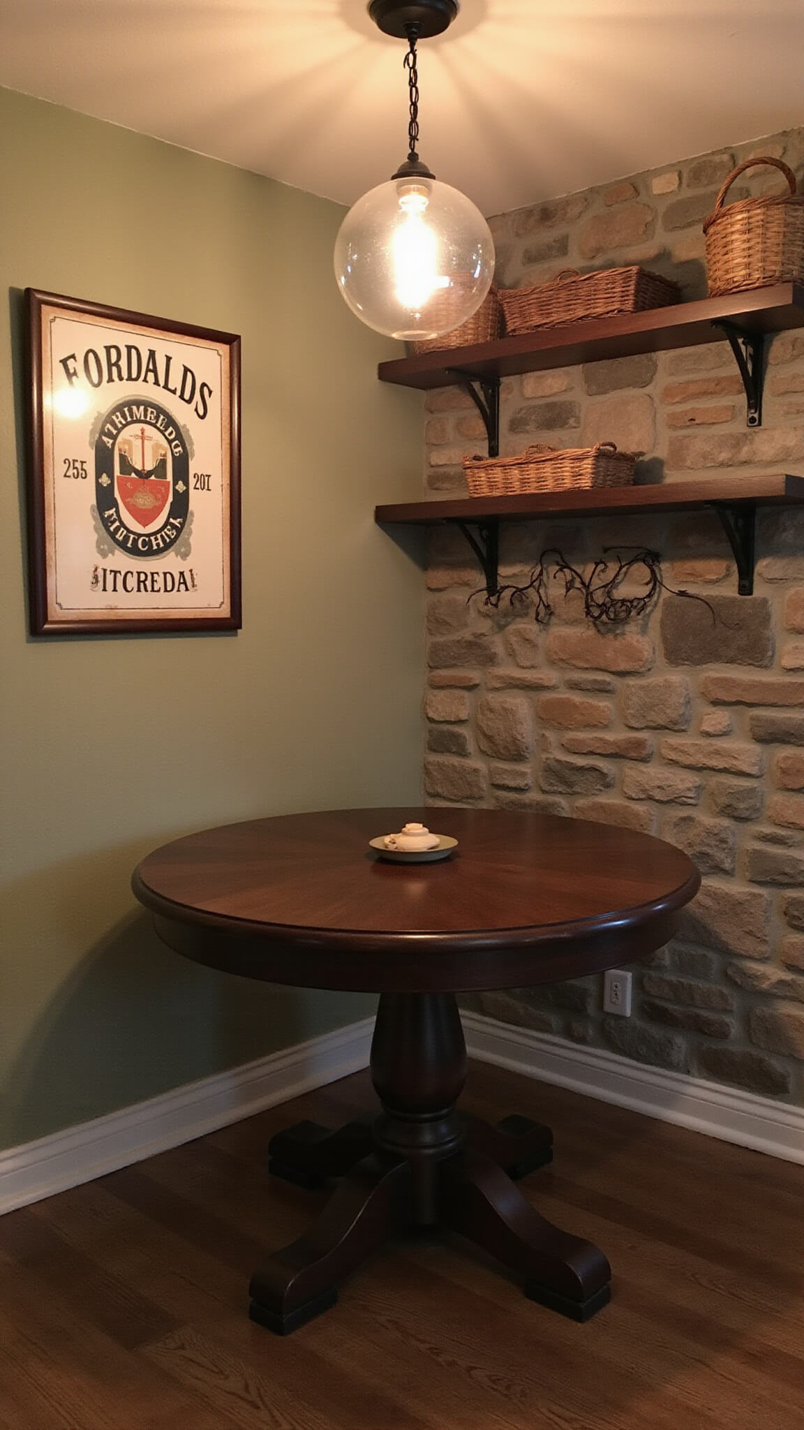 Farmhouse kitchen at dusk with Edison bulb chandelier over dark walnut round table, stone accent wall, vintage signage, and moody warm lighting.
