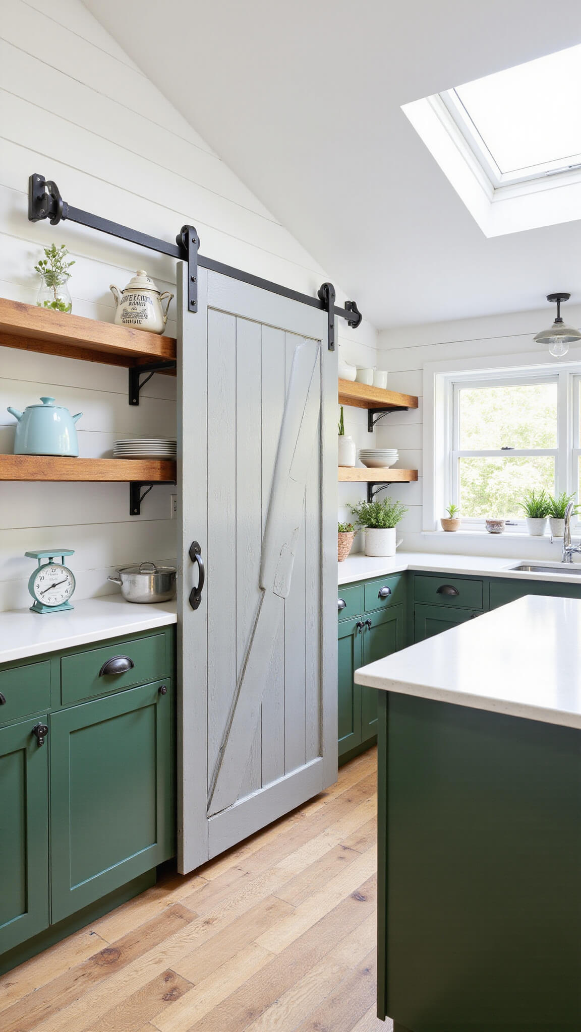 Bright country kitchen with weathered gray barn door, forest green cabinets, white shiplap walls, vintage decor, and sunlit soapstone island.