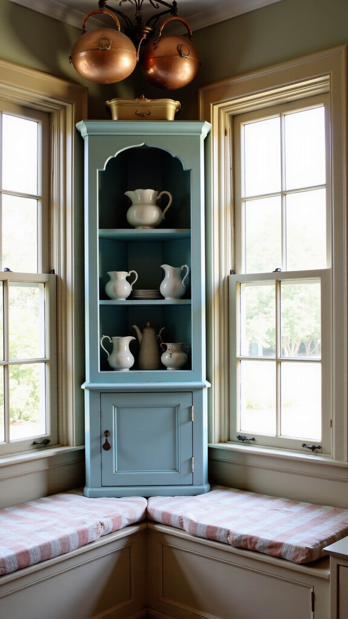 Rustic kitchen nook with antique blue hutch, ironstone pitchers, ticking stripe window seat, hanging copper pots, and soft afternoon light.
