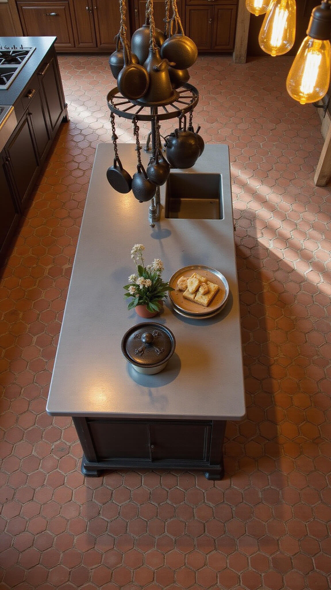 Overhead view of 15x18ft kitchen with hexagonal terracotta tile floor, zinc-topped island with farmhouse sink, hanging cast iron cookware, and wrought iron chandeliers with Edison bulbs in warm evening lighting.
