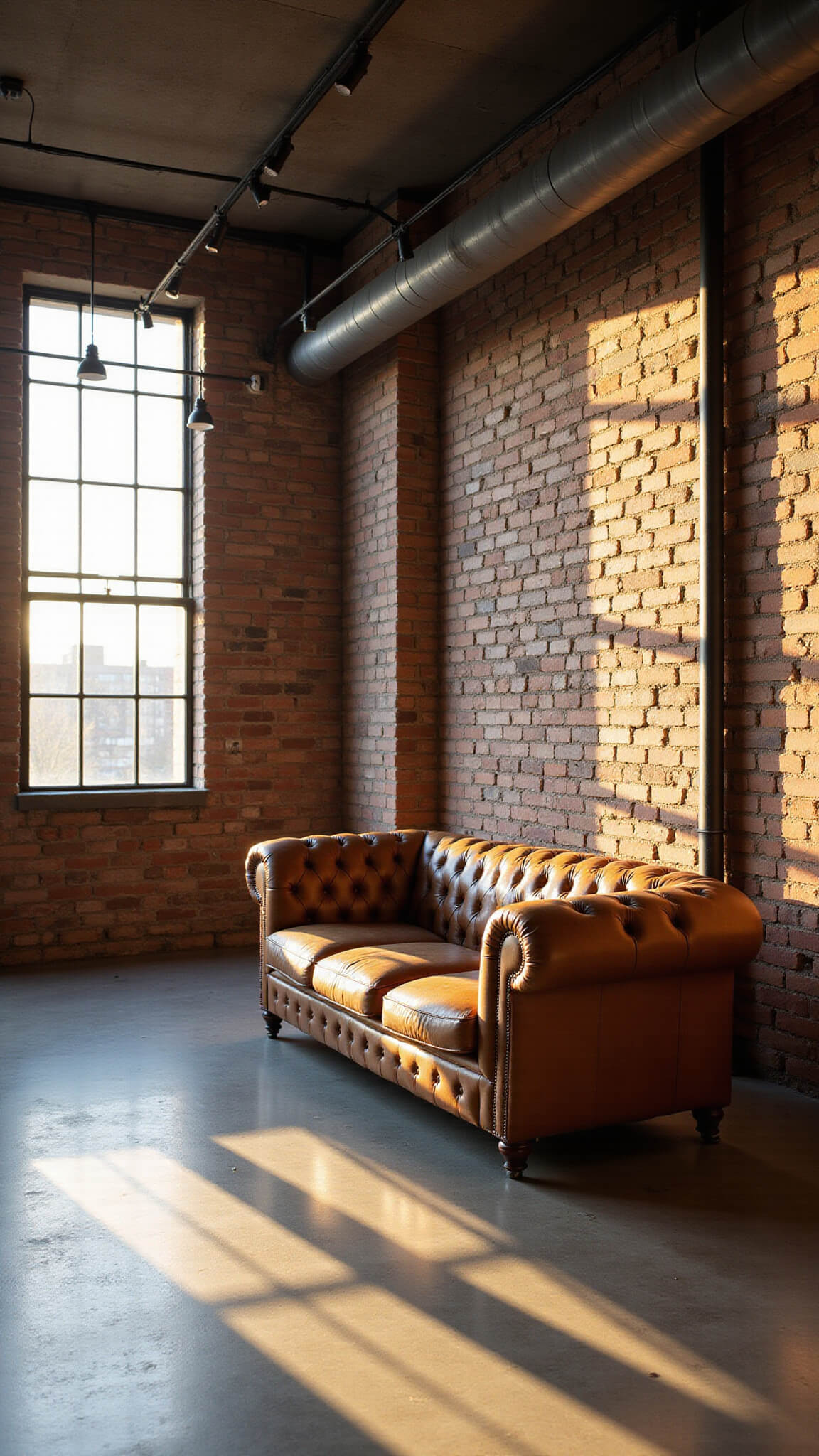 Industrial loft living room with leather Chesterfield sofa, concrete floors, and sunlit factory windows at golden hour.