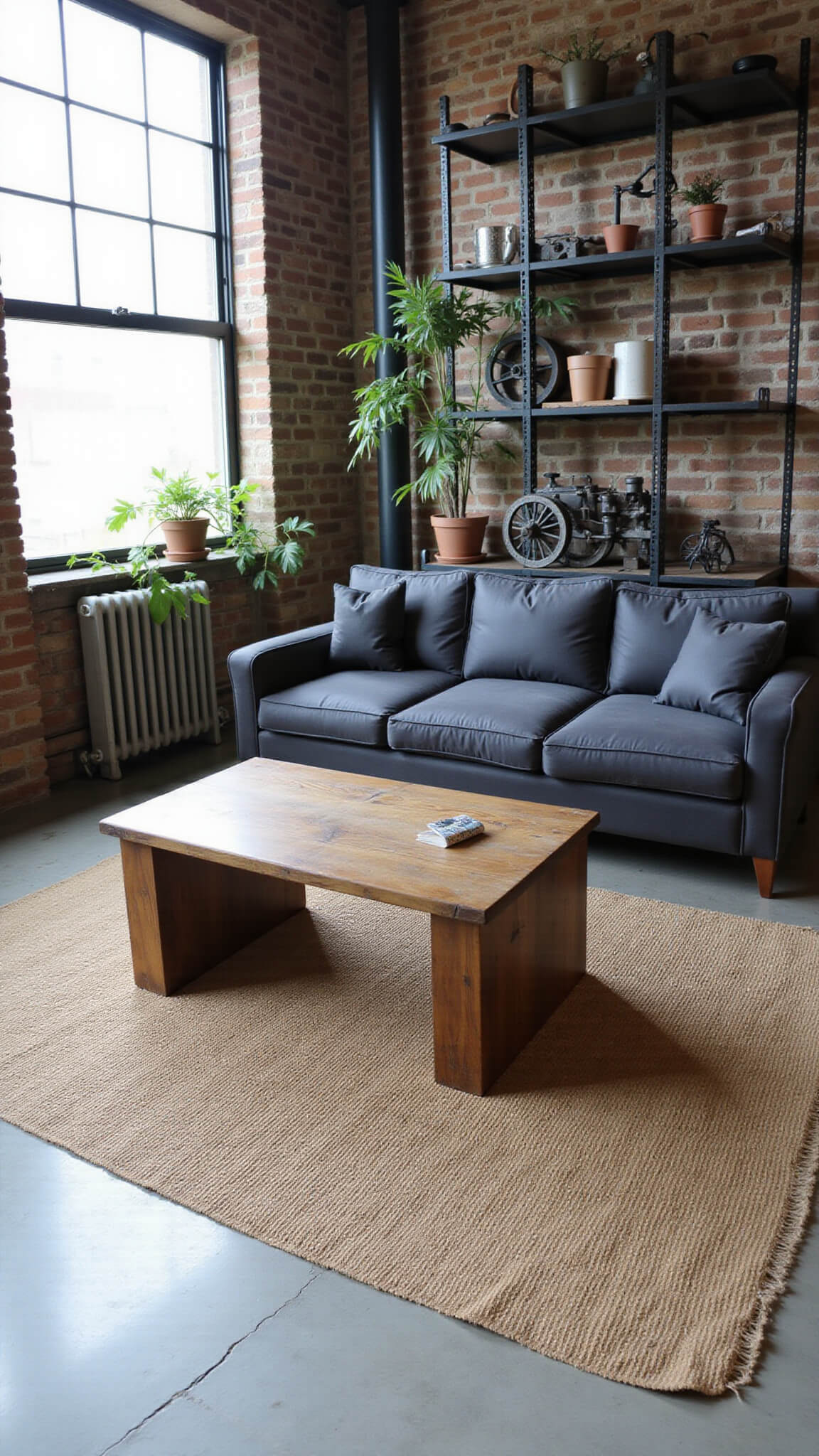 Industrial loft living space with charcoal grey sectional, jute rug, and metal shelving, lit by afternoon sun through warehouse windows.