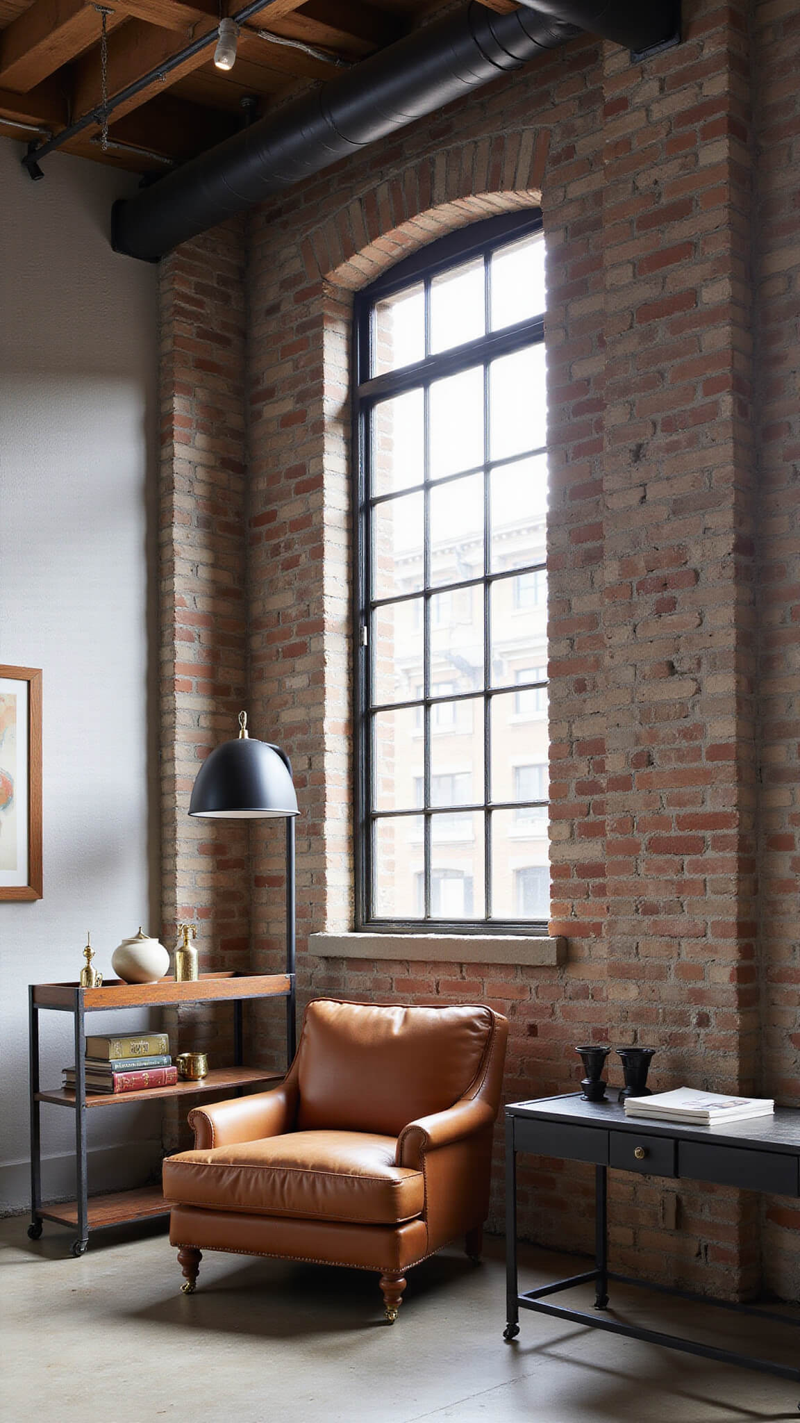 Converted factory loft with cognac leather armchair, vintage cart coffee table, exposed brick walls, and 14ft ceilings lit by dawn light and track lighting.