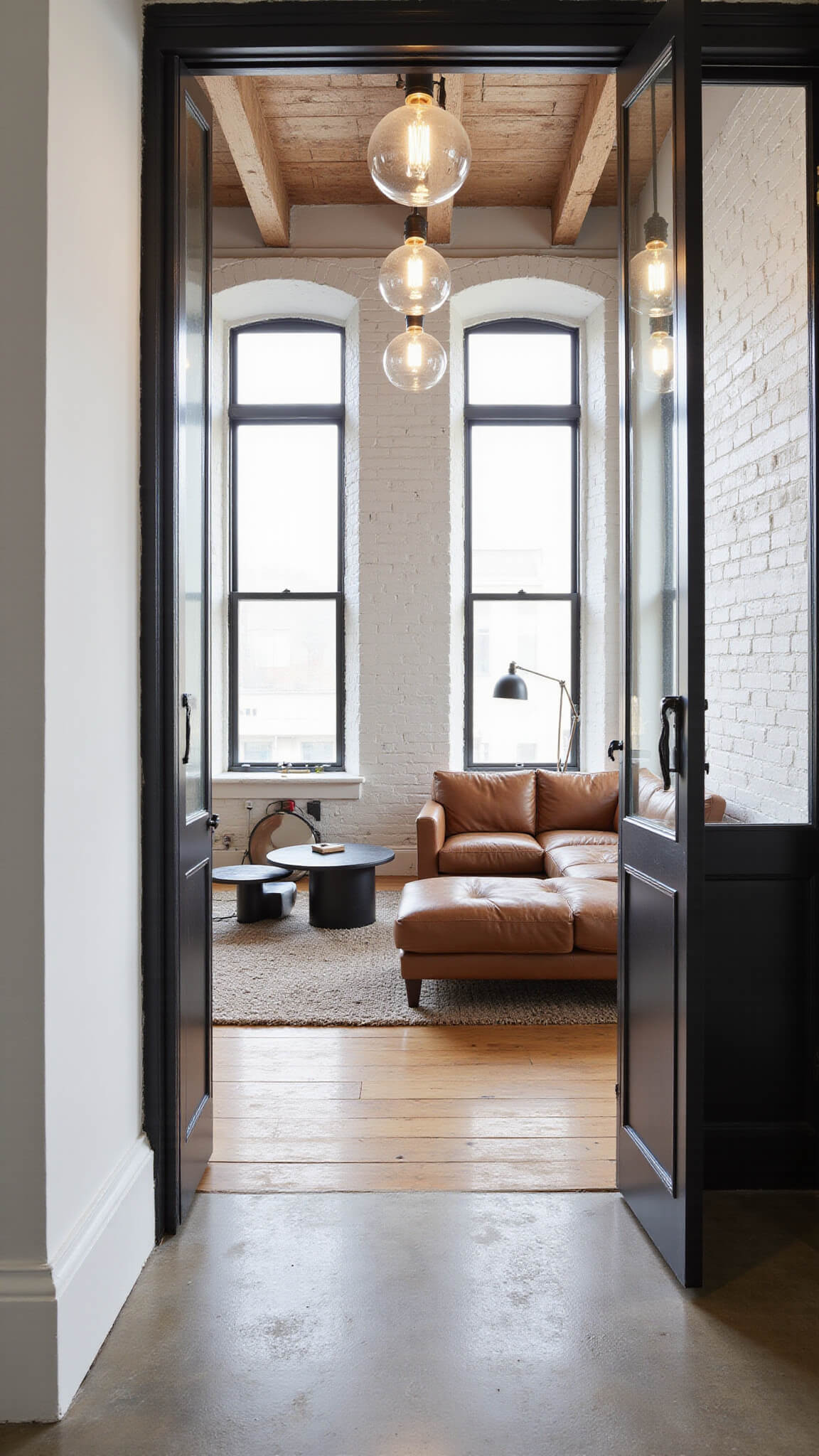 Industrial living space with white brick walls, black steel furniture, walnut accents, and vintage pendant lighting viewed from entrance corridor.