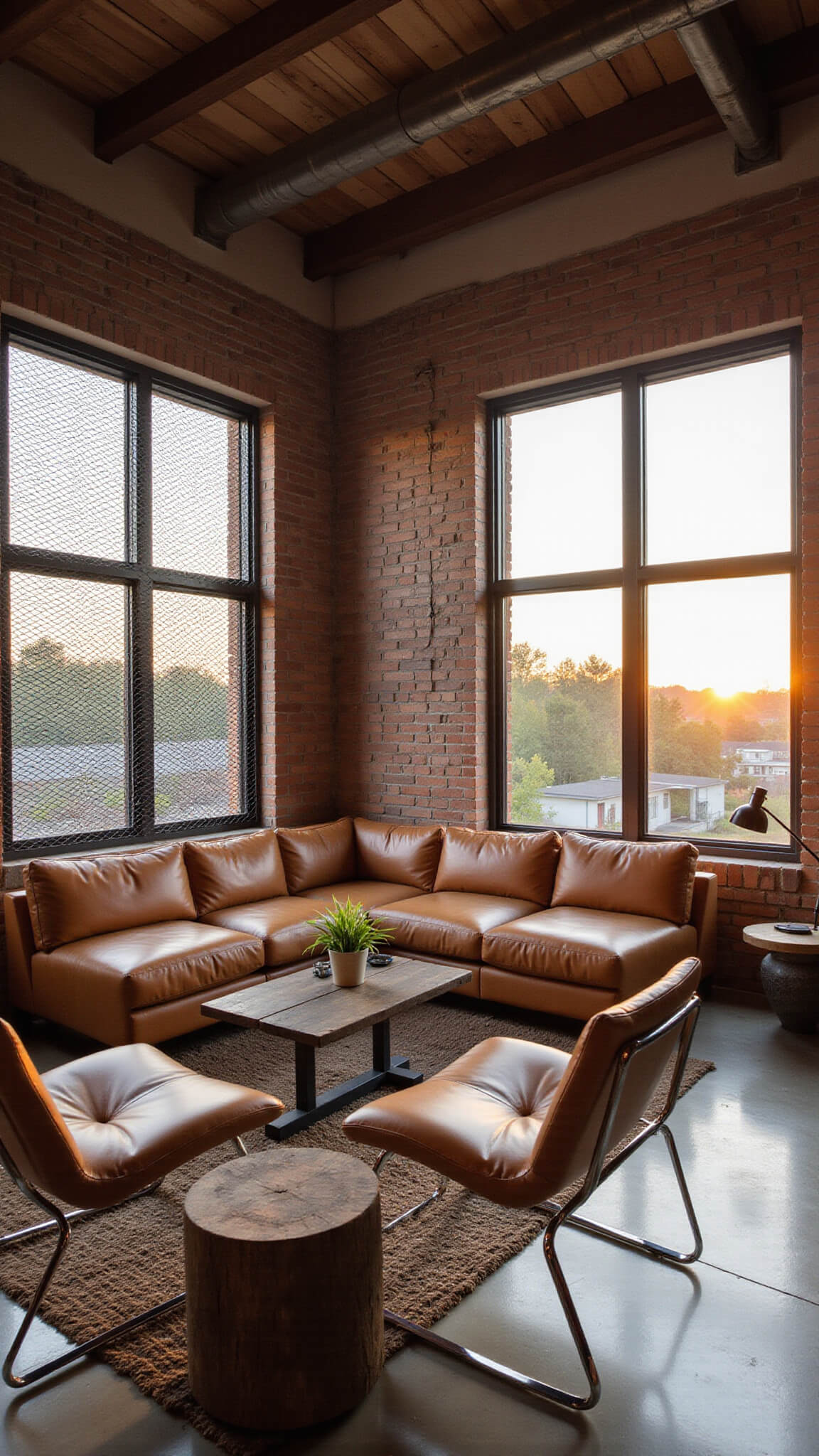Industrial living room with brick walls, camel leather sofa, and cantilever chairs around wood coffee table, lit by sunset through large steel-framed windows.