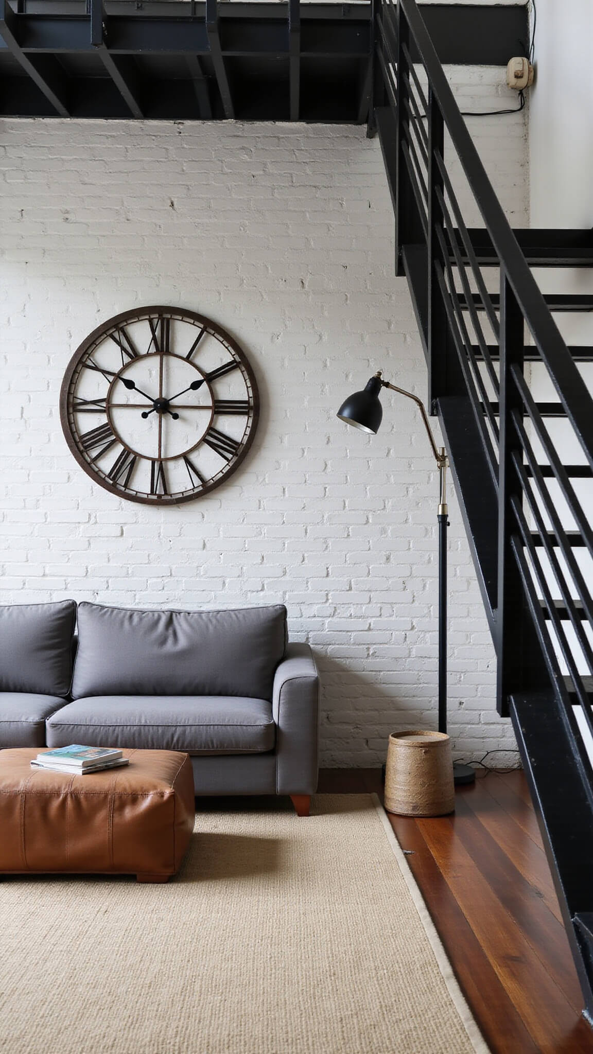 Industrial living room with grey sectional, leather ottoman, black metal staircase, and large factory clock on whitewashed brick wall, lit by natural and vintage floor lamps.