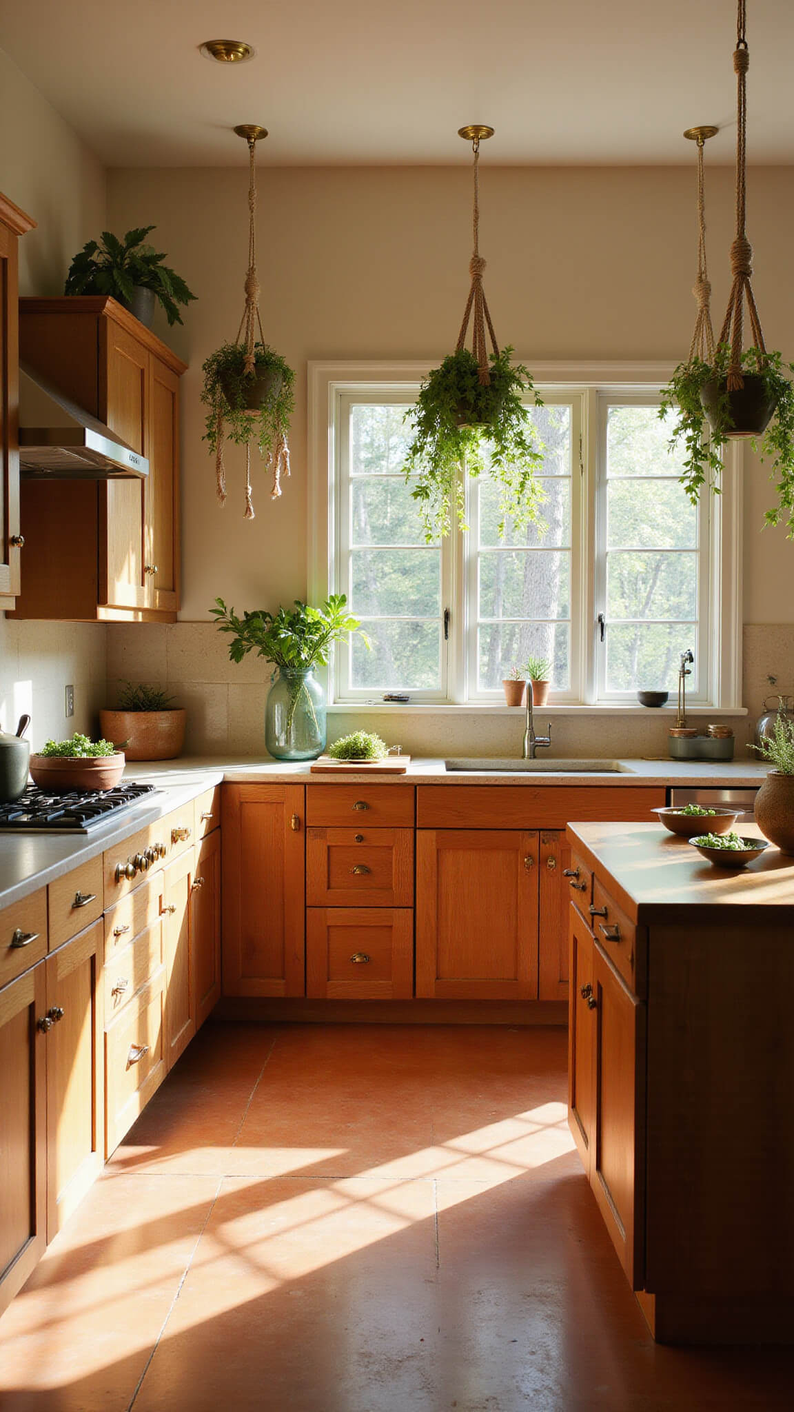 Sunlit kitchen with reclaimed oak cabinets, butcher block island, ceramic bowls with herbs, terracotta floors, and hanging ivy plants in warm golden hour light.