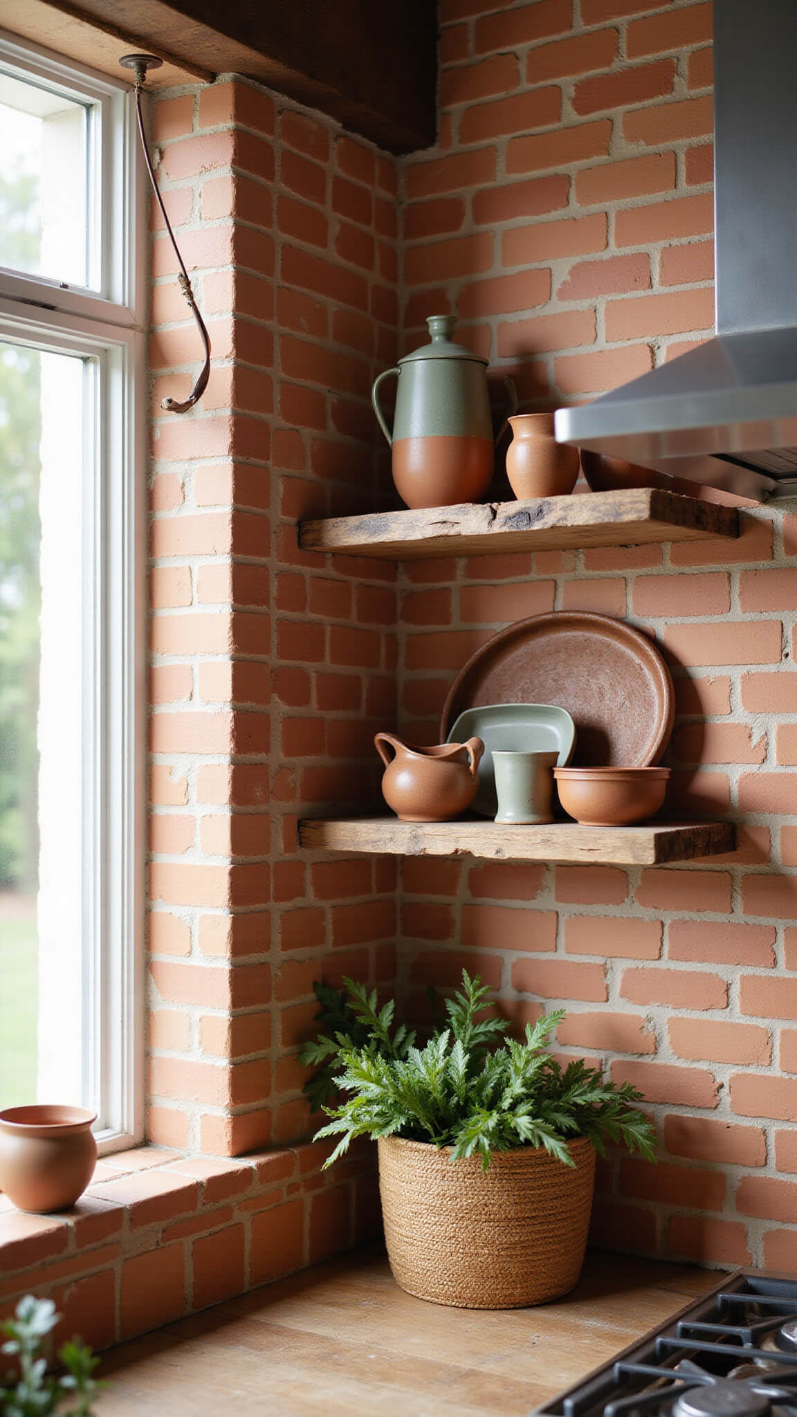 Corner kitchen with raw-edge wooden shelves holding earth-toned pottery, copper cookware hanging above, and baskets of produce below, all lit by mid-morning window light highlighting rich terracotta, brown, and sage tones.
