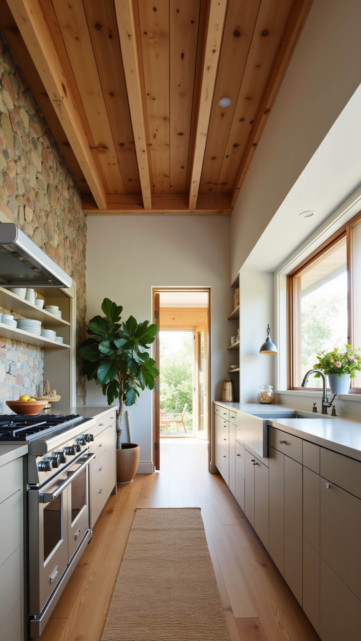 Wide-angle kitchen with 10ft ceilings and exposed wooden beams, stone feature wall with open shelves displaying earthenware, fiddle leaf fig tree in corner, and natural fiber runner; warm taupe, forest green, and sandy beige tones.
