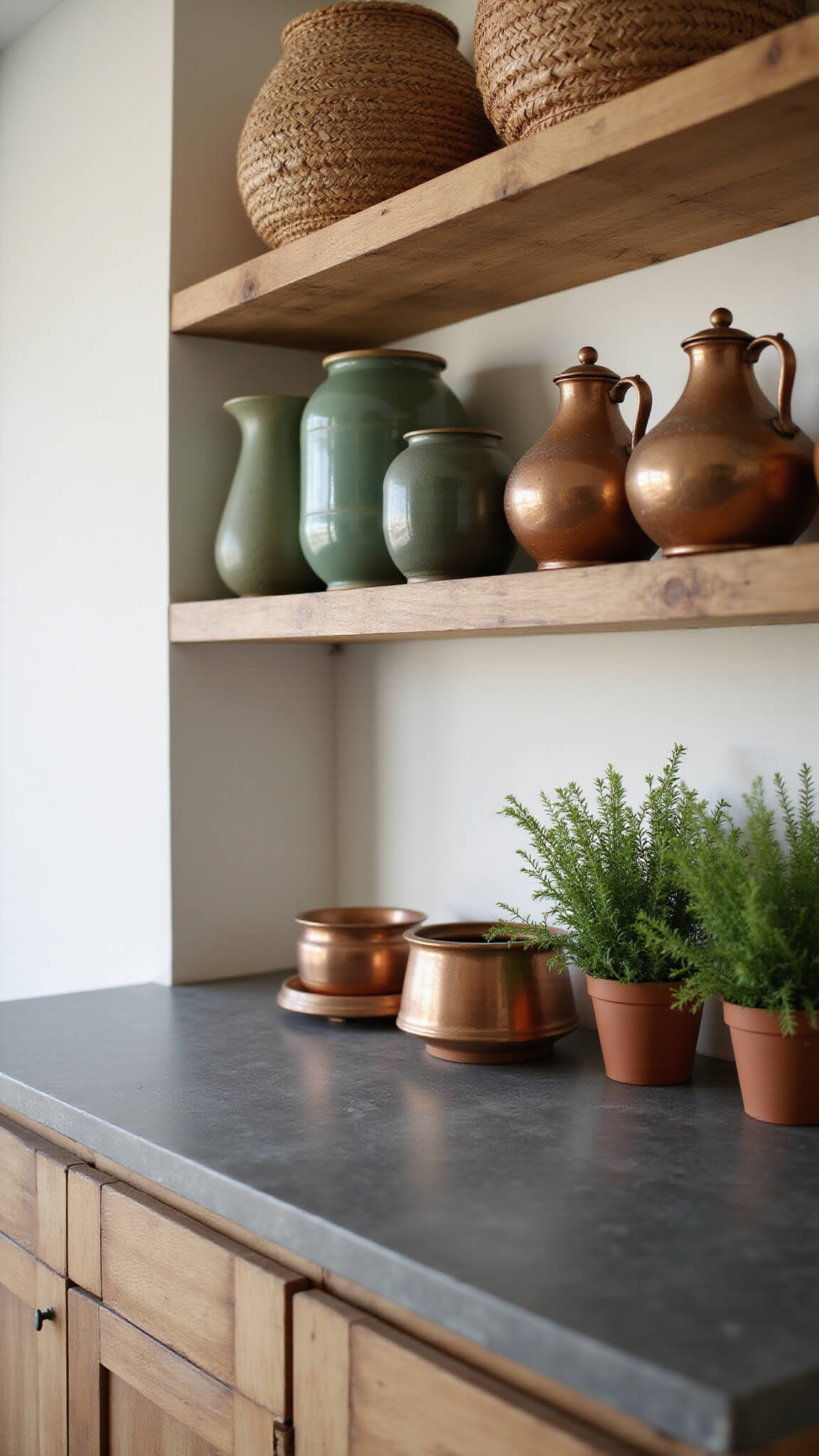 Close-up of soapstone kitchen counter with wooden shelves, ceramics, copper vessels, and potted herbs in afternoon side light emphasizing textures.