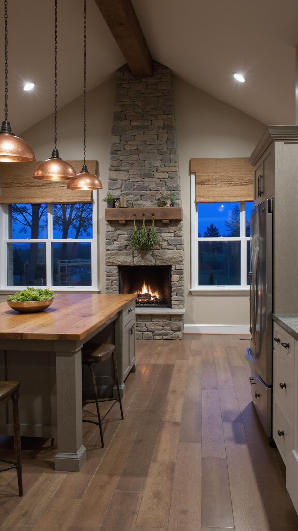 Twilight view of a modern farmhouse kitchen with cathedral ceiling, copper pendant lights over a live-edge wood island, stone hearth adorned with dried herbs, and woven blinds filtering soft blue hour light.
